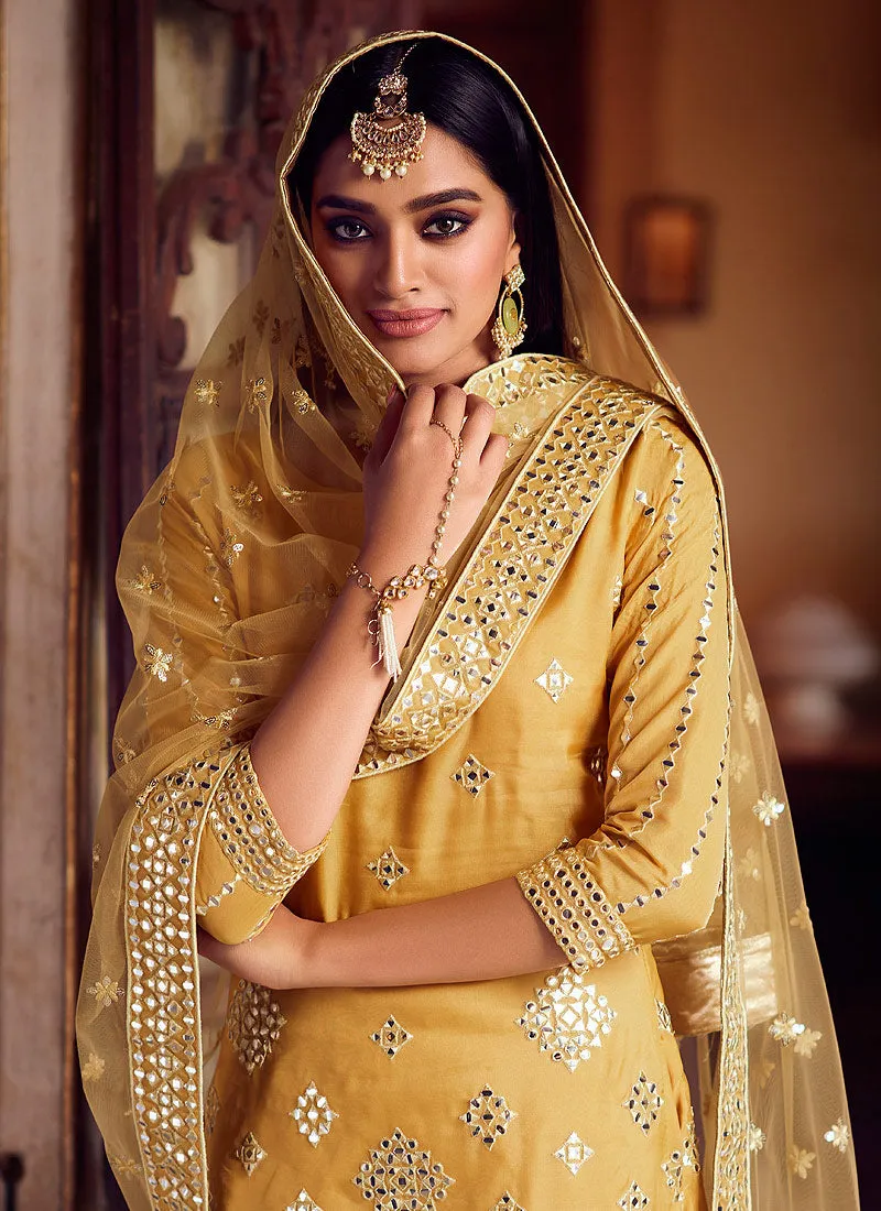 Golden Yellow Mirror Embroidered Gharara Suit