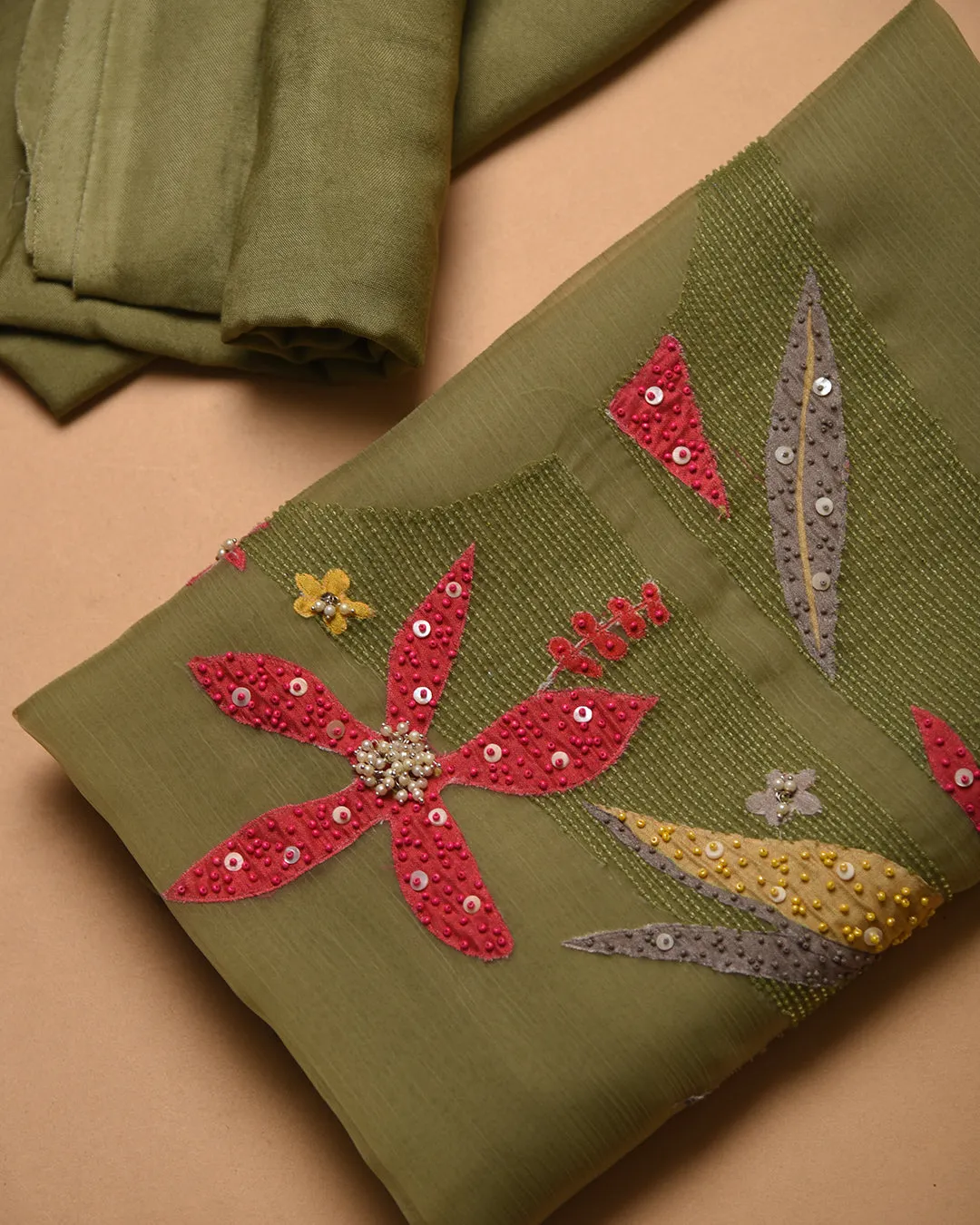 Green Crushed Organza Embroidered Unstitched Suit Fabric Set With Organza Dupatta