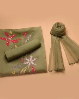 Green Crushed Organza Embroidered Unstitched Suit Fabric Set With Organza Dupatta