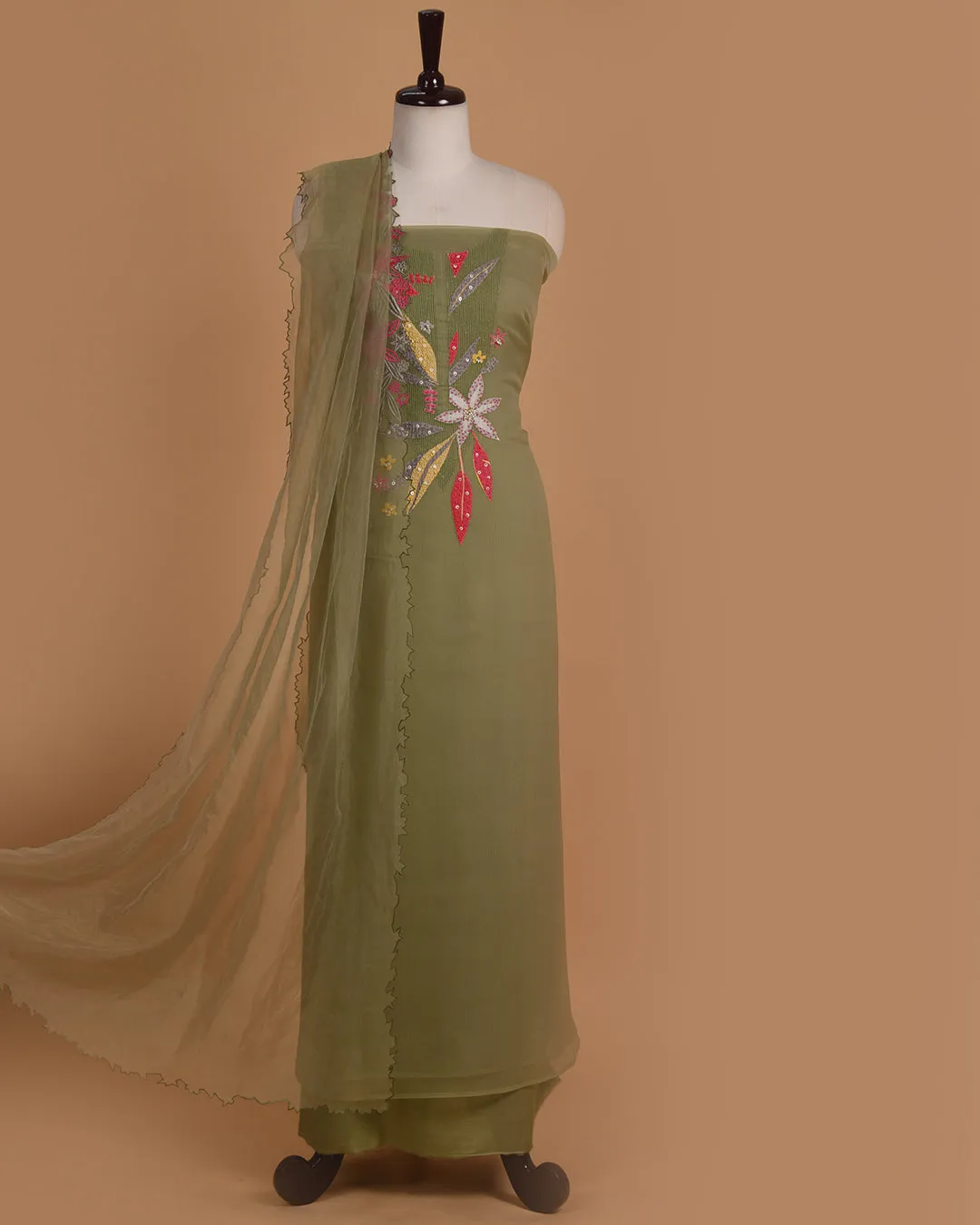 Green Crushed Organza Embroidered Unstitched Suit Fabric Set With Organza Dupatta