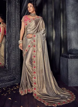 Grey And Pink Floral Motifs Embroidered Designer Saree