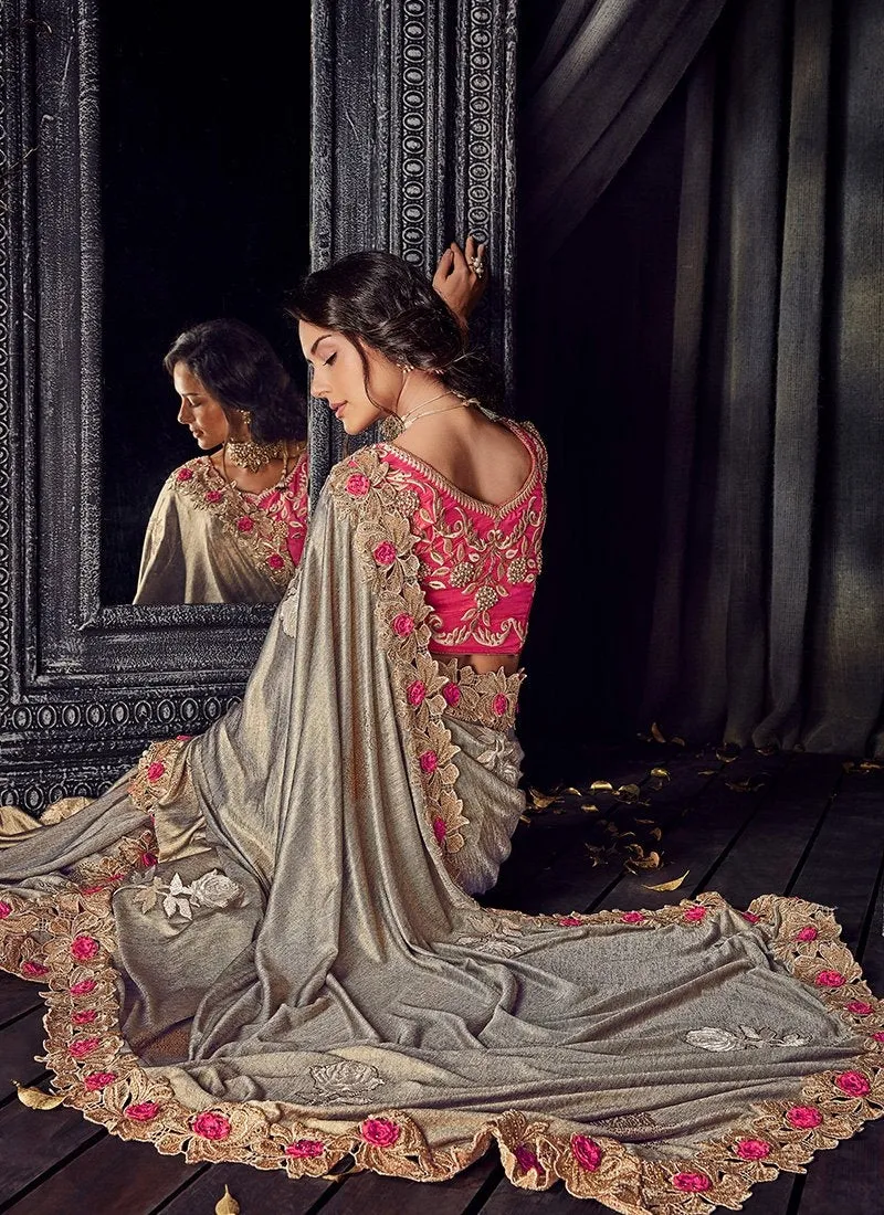 Grey And Pink Floral Motifs Embroidered Designer Saree