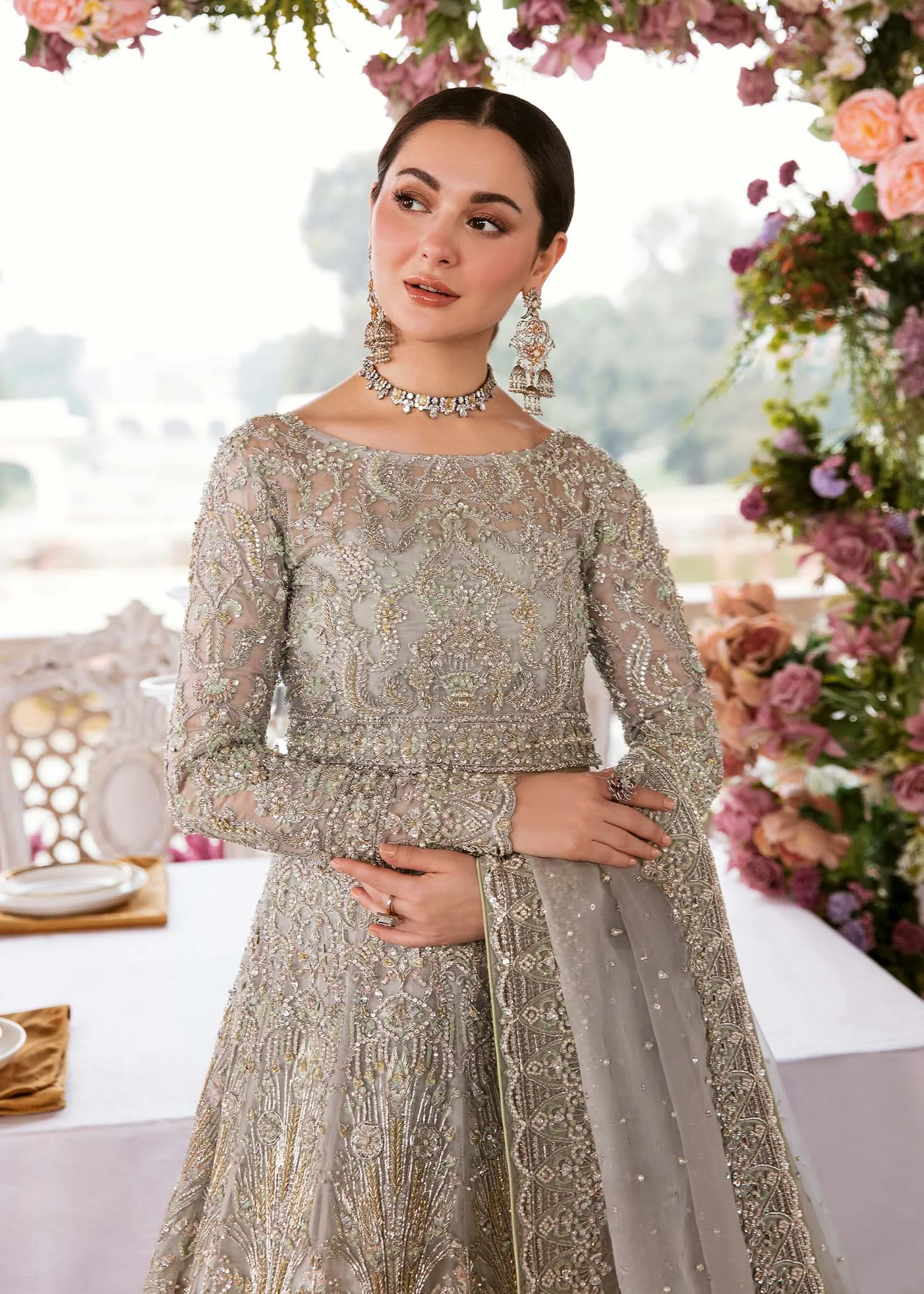 Grey Lehenga Choli and Dupatta Pakistani Bridal Dress