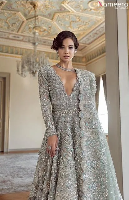 Grey Long Gown Bridal Lehenga for Walima Wear #BN780