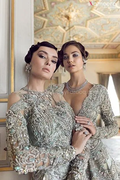 Grey Long Gown Bridal Lehenga for Walima Wear #BN780