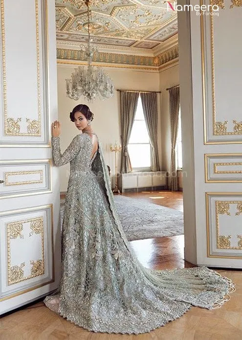 Grey Long Gown Bridal Lehenga for Walima Wear #BN780
