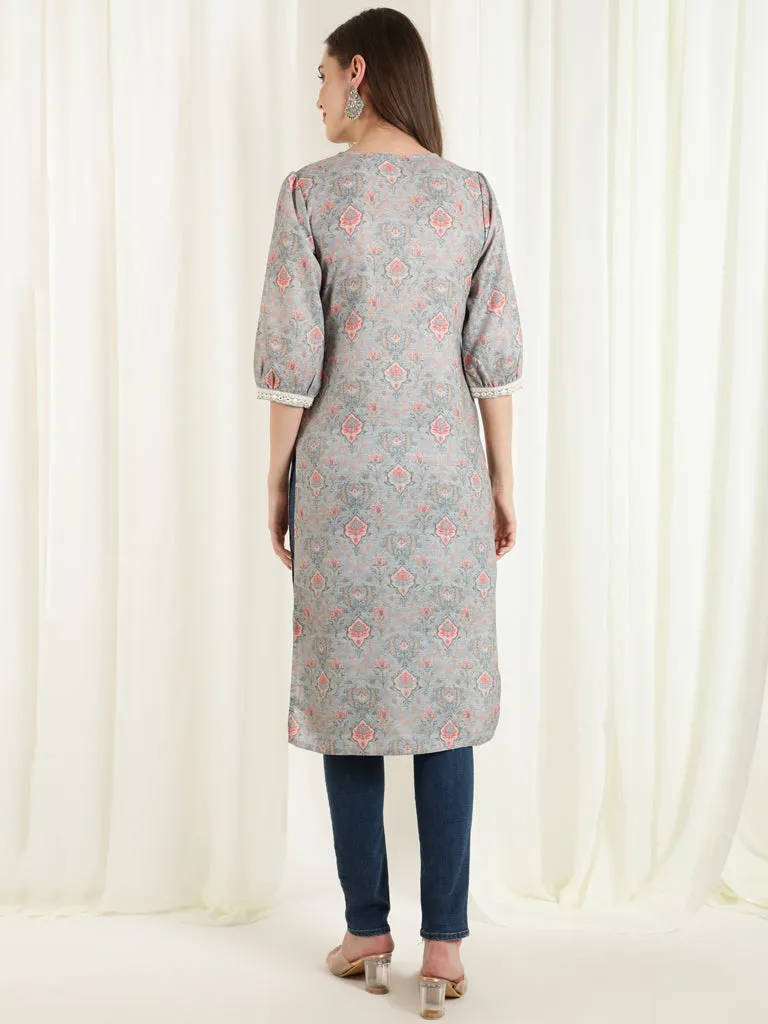 Grey Mirror Work Printed Straight Kurta