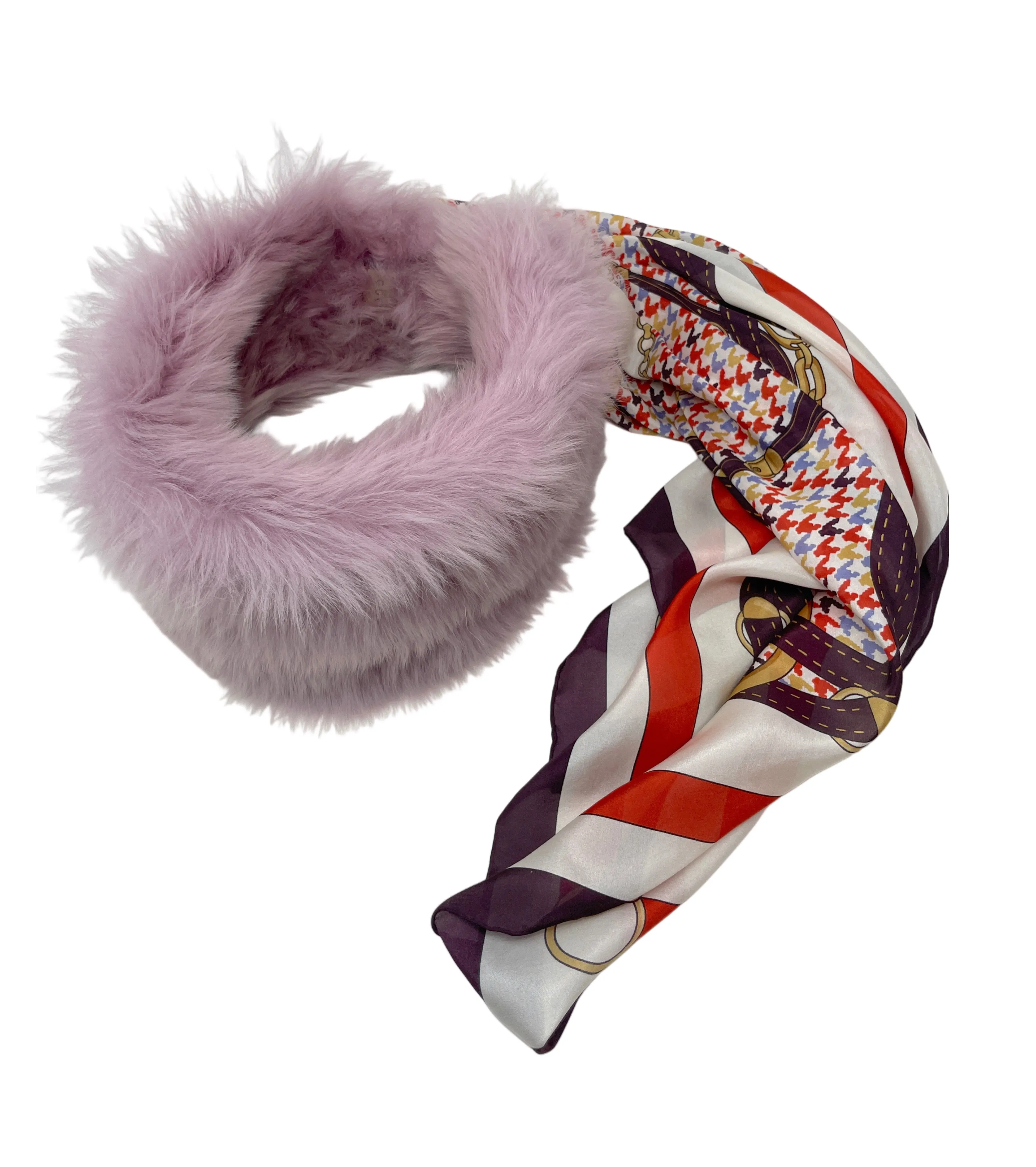 Gucci Lavender Shearling Headpiece with Equestrian Print Scarf, Size M