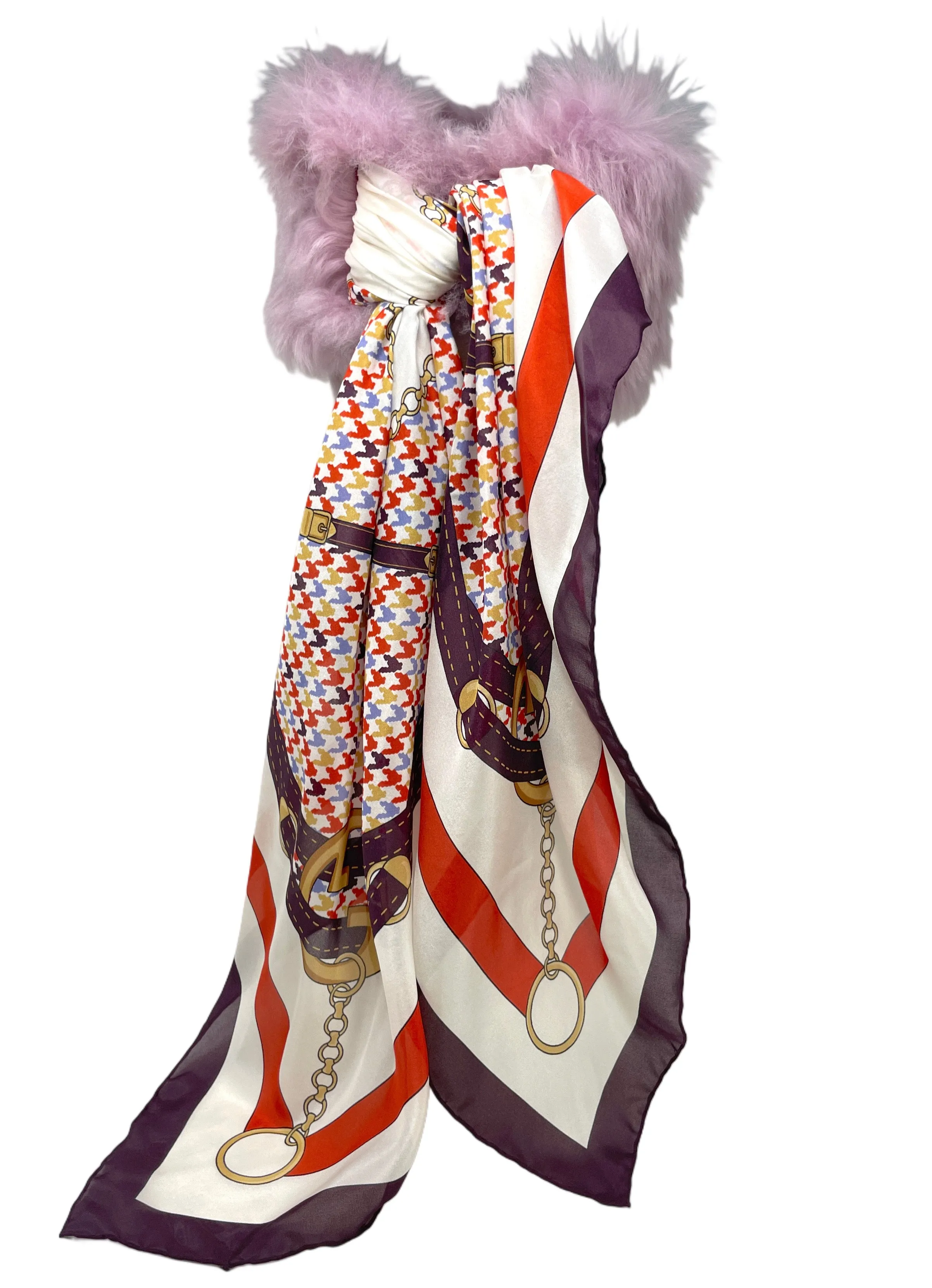 Gucci Lavender Shearling Headpiece with Equestrian Print Scarf, Size M