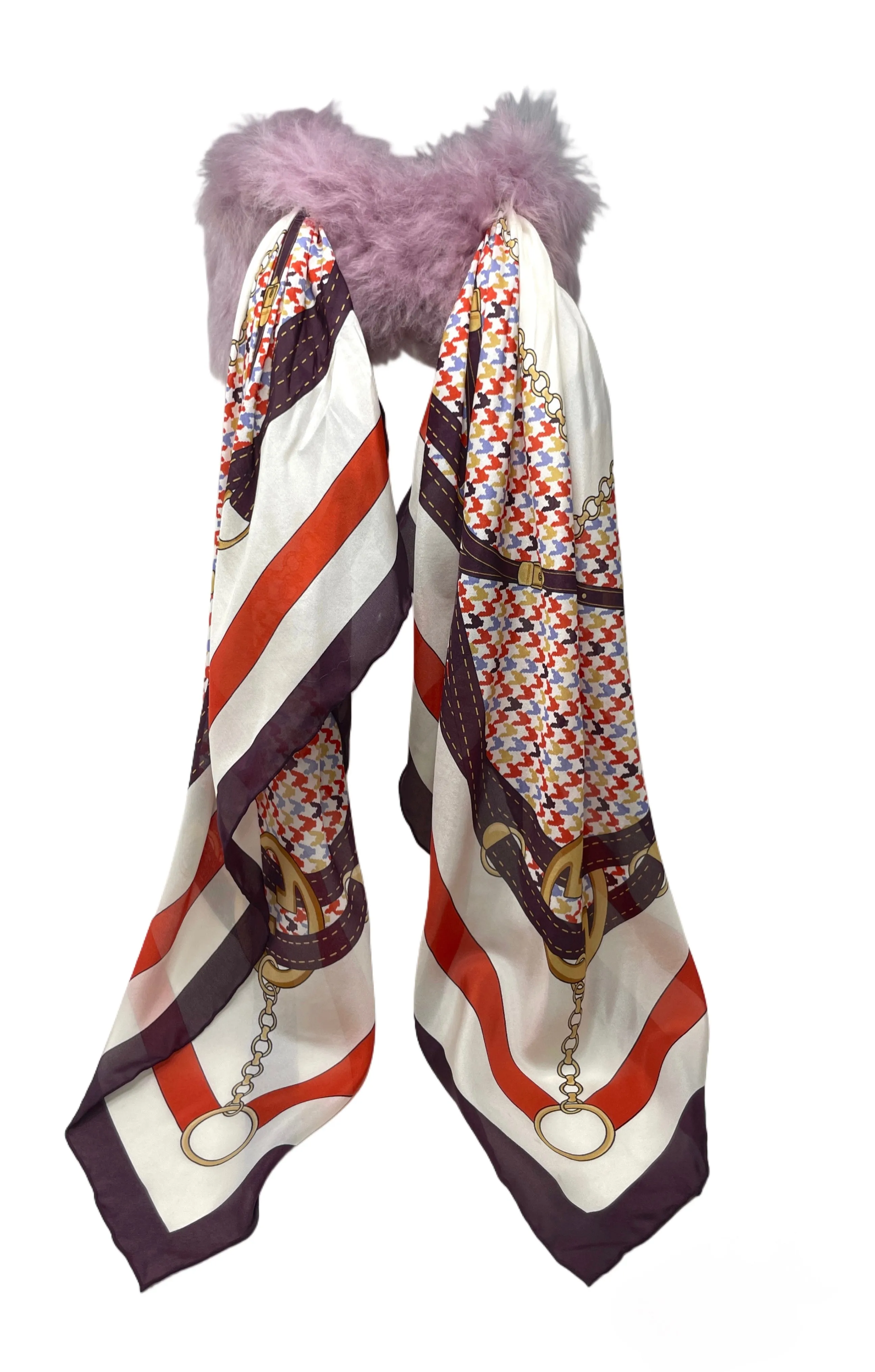 Gucci Lavender Shearling Headpiece with Equestrian Print Scarf, Size M