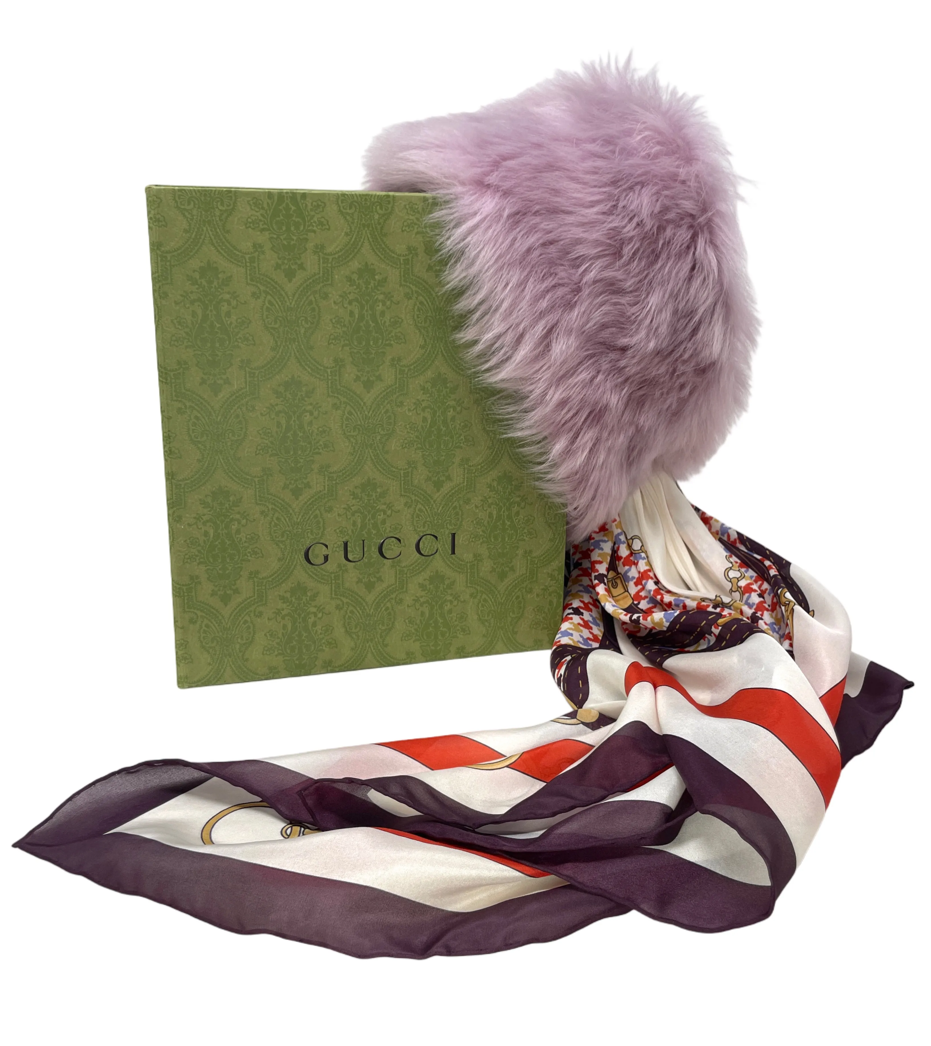Gucci Lavender Shearling Headpiece with Equestrian Print Scarf, Size M