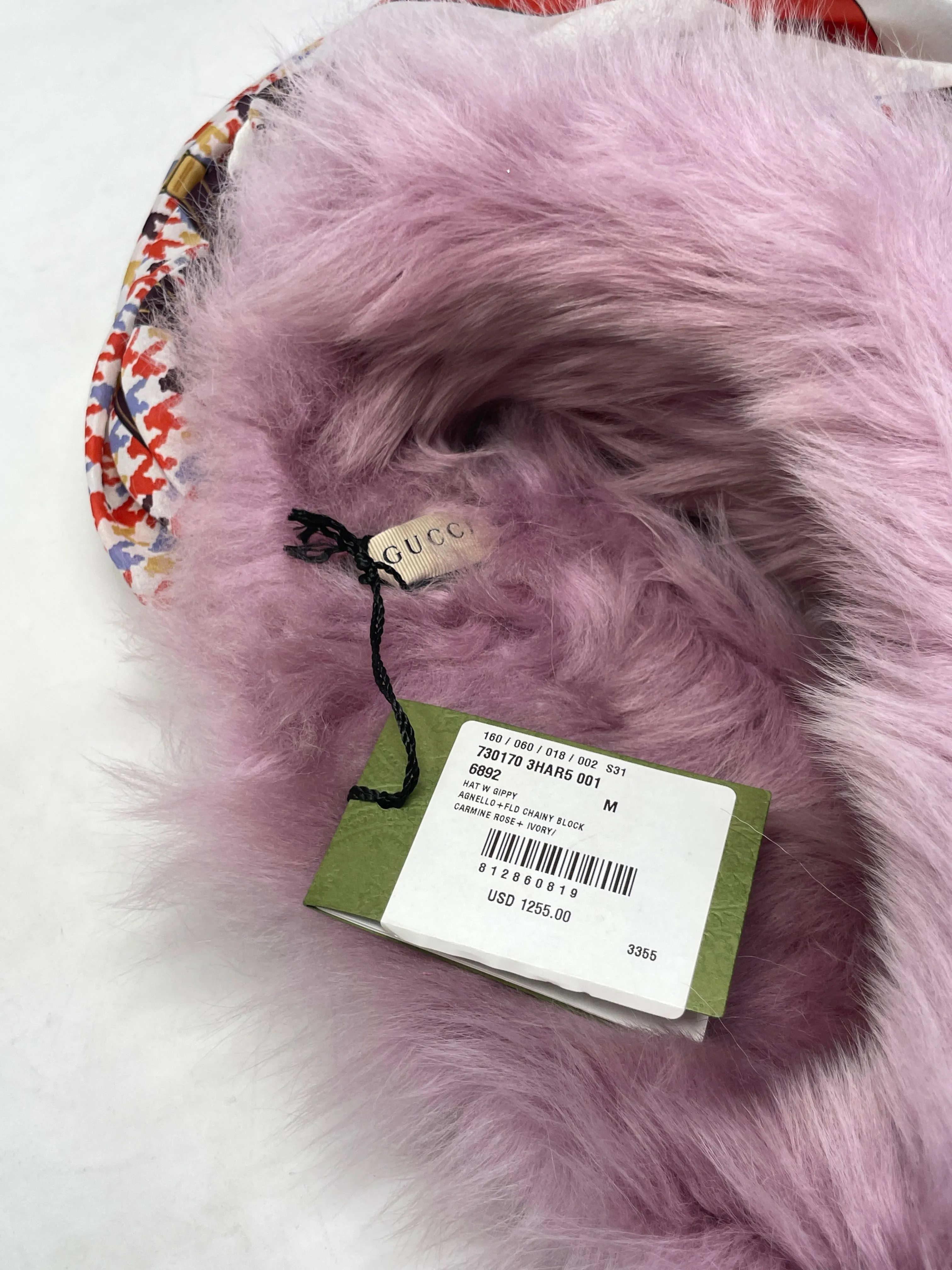 Gucci Lavender Shearling Headpiece with Equestrian Print Scarf, Size M
