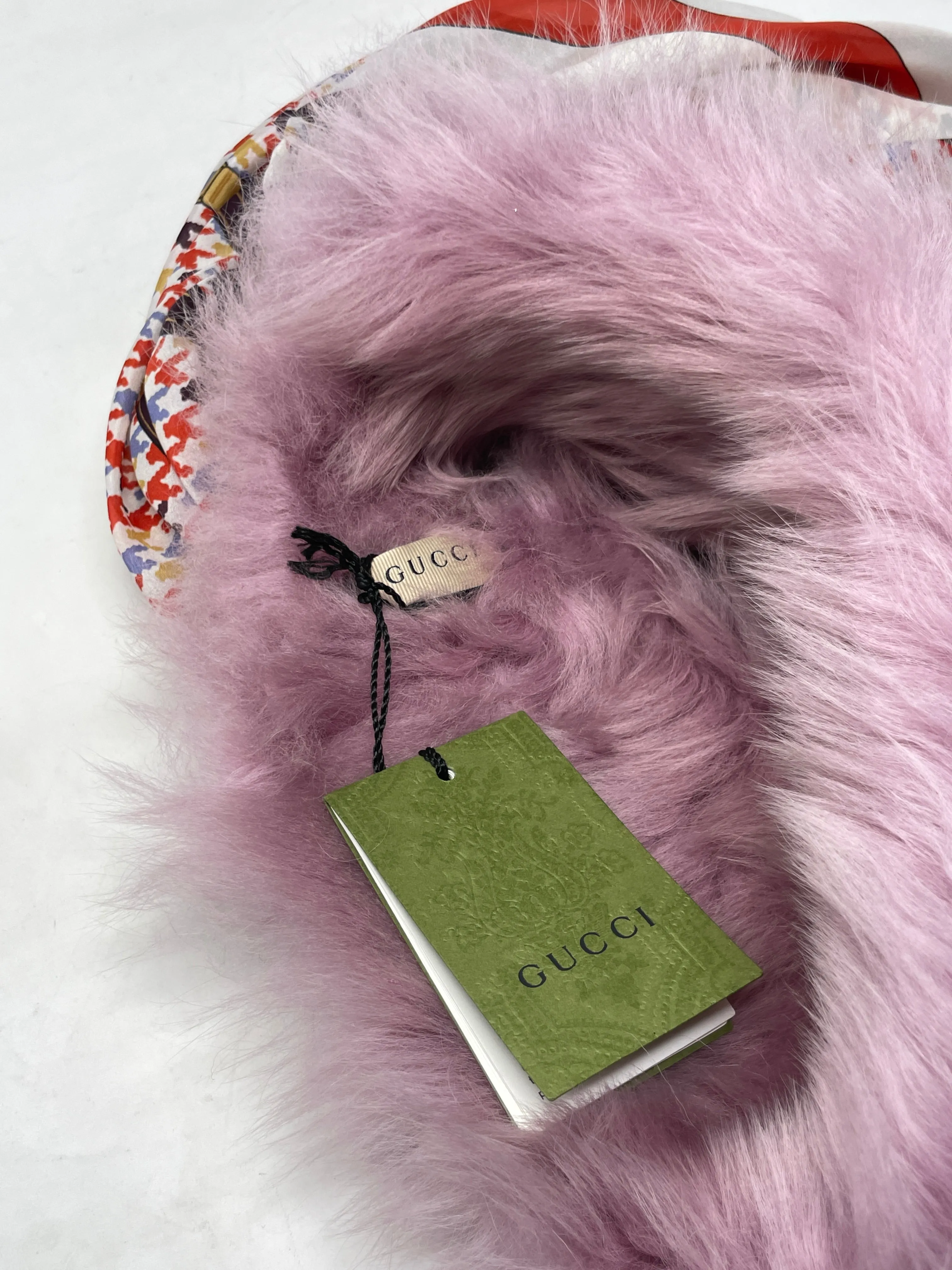 Gucci Lavender Shearling Headpiece with Equestrian Print Scarf, Size M