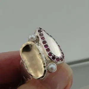 Hadar Designers Ruby Pearl Ring 6,7,8,8.5 Handmade 9k Yellow Gold 925 Silver (Iy