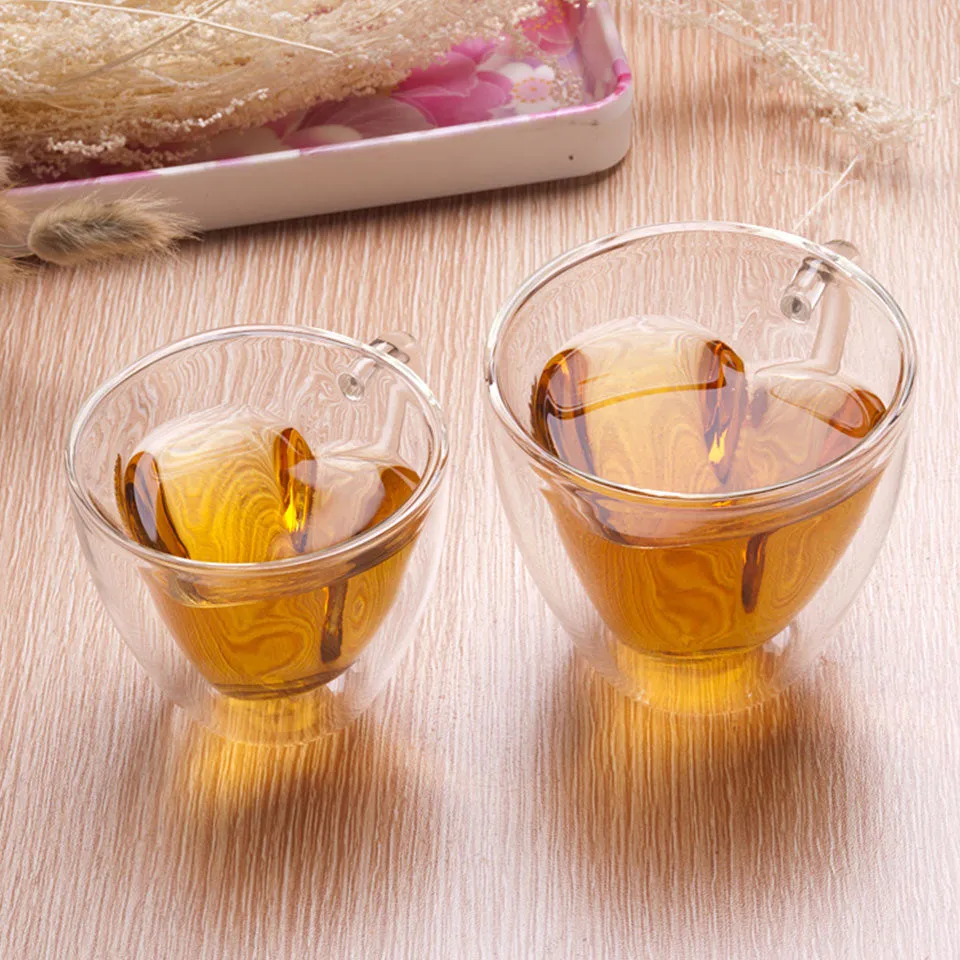 Heart Love Shaped Double Glass Cups And Mugs