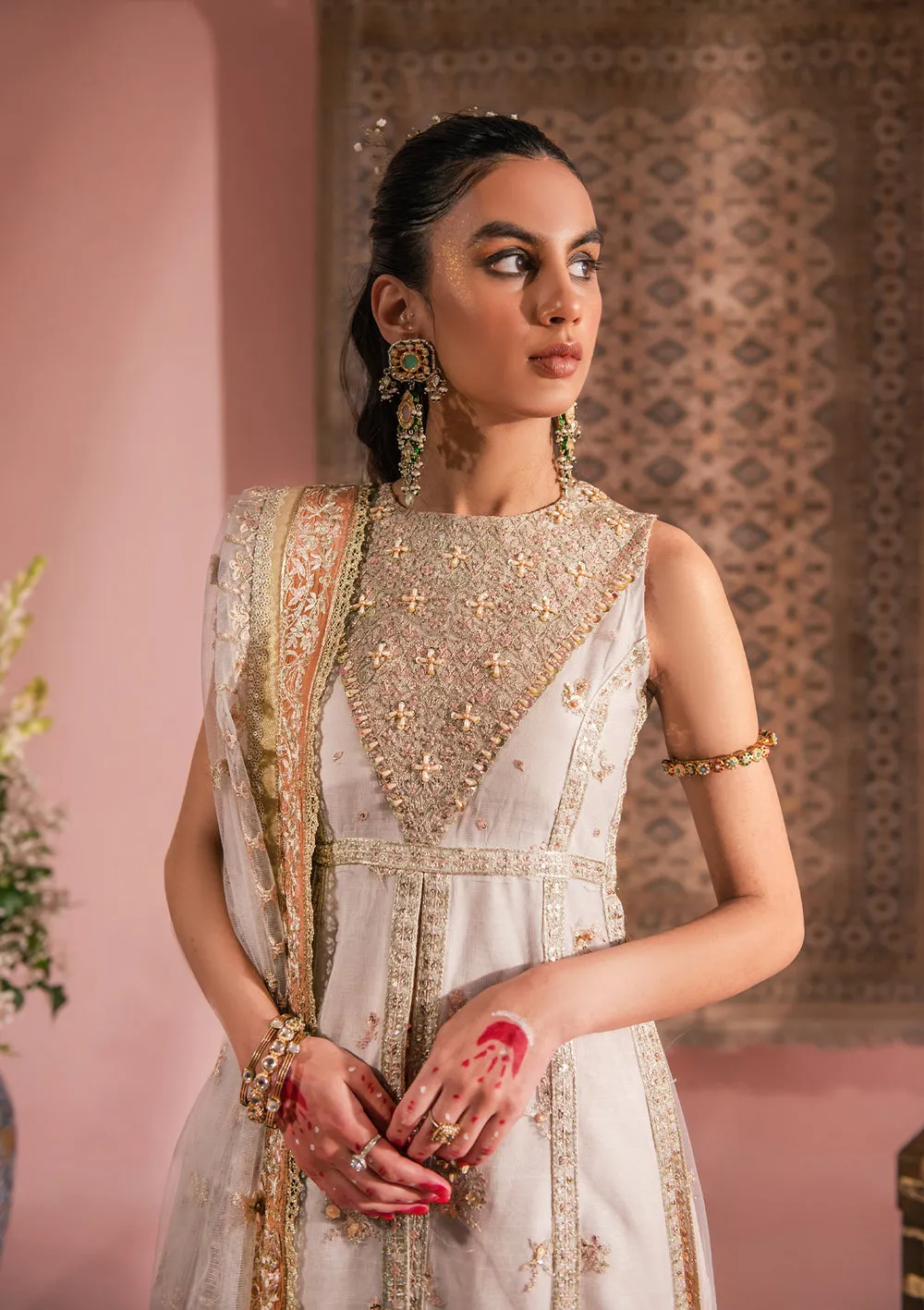 Heavily Embellished Off White Gown Style Pakistani Wedding Dress