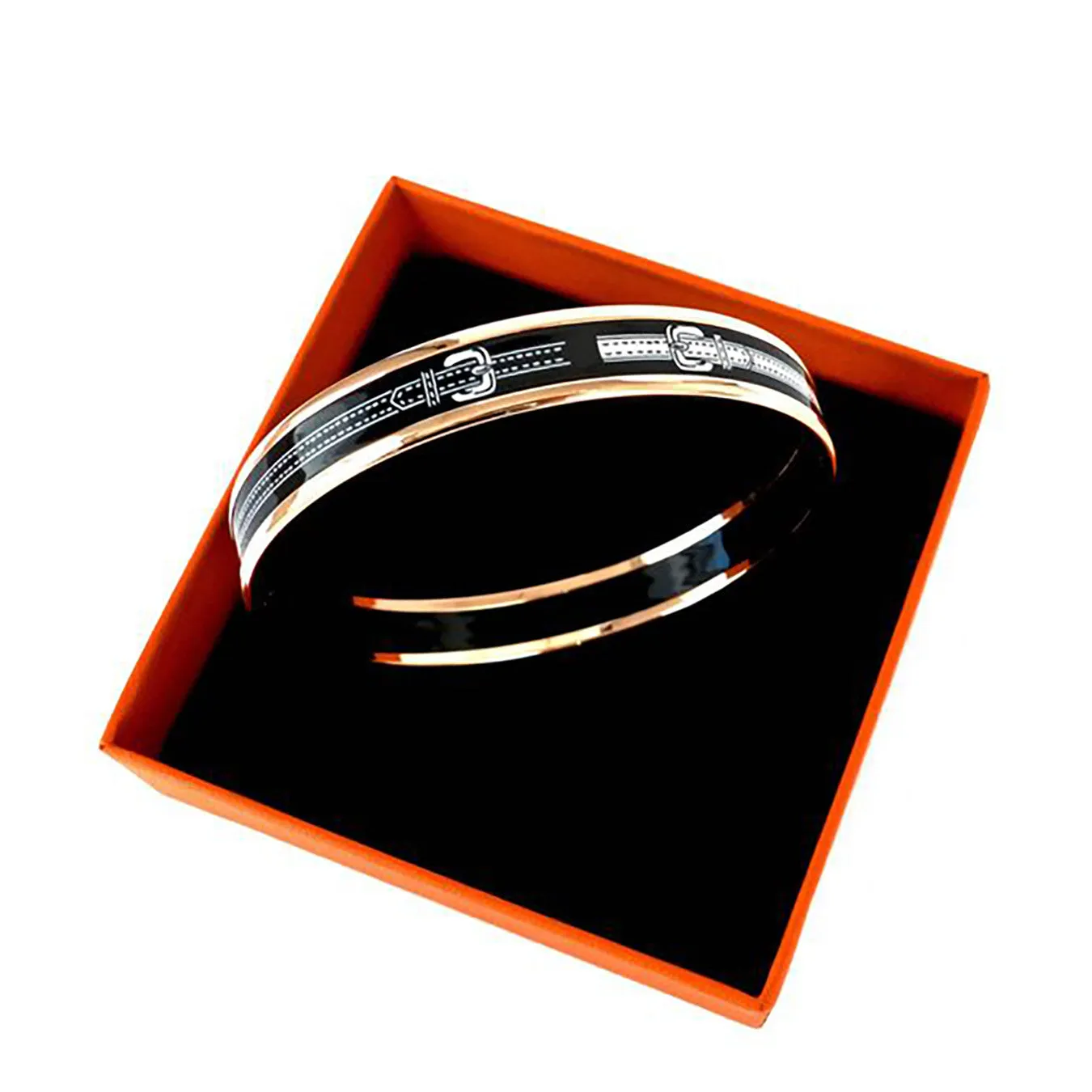 Hermes Narrow Black White Rose Gold Printed Enamel Bracelet 70