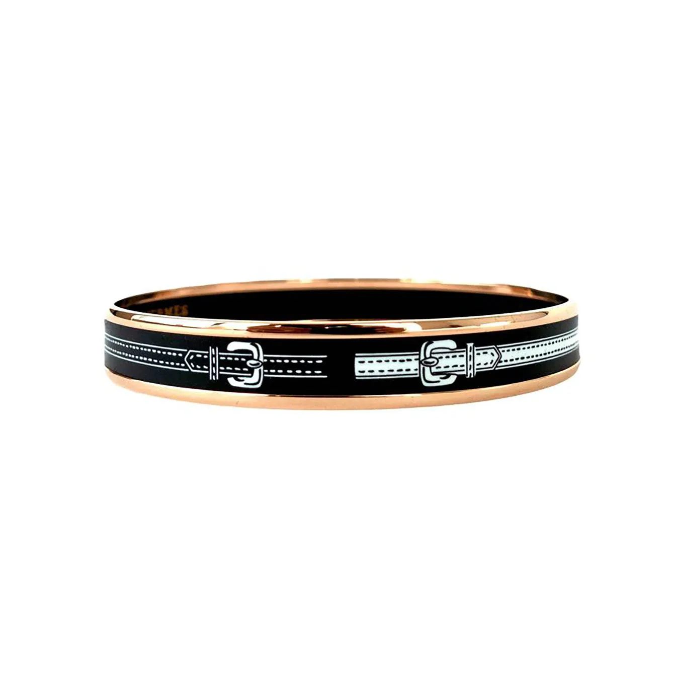 Hermes Narrow Black White Rose Gold Printed Enamel Bracelet 70