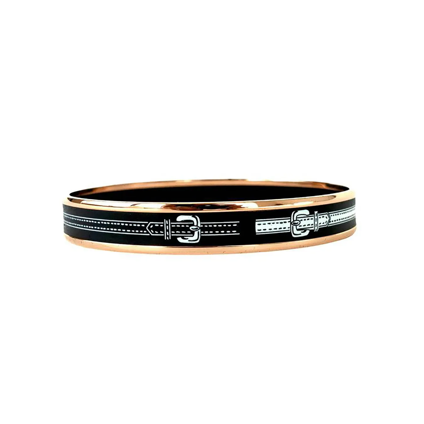 Hermes Narrow Black White Rose Gold Printed Enamel Bracelet 70