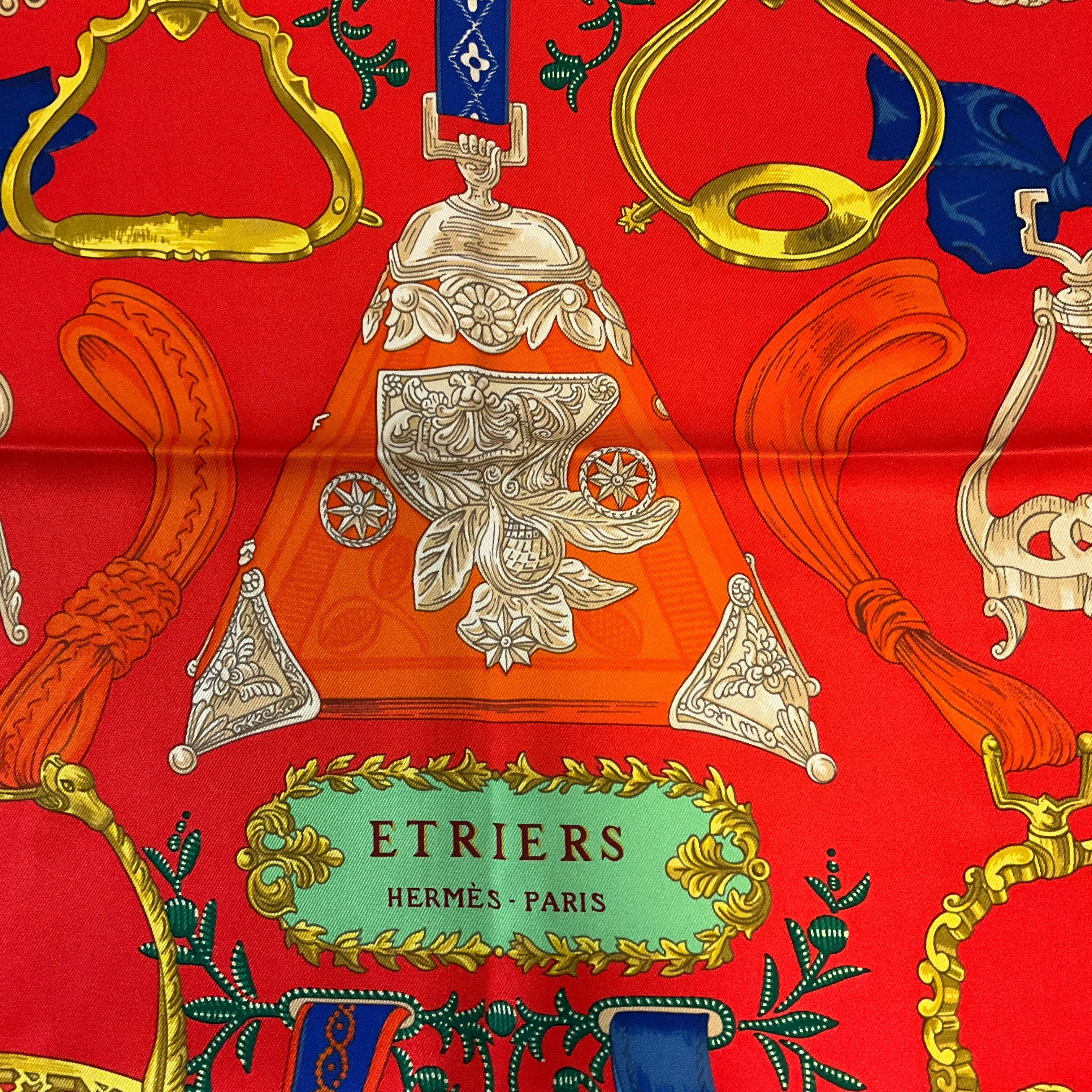 Hermes Red / Blue / Green Etriers Carre Vintage 70 Square Silk Twill Scarf
