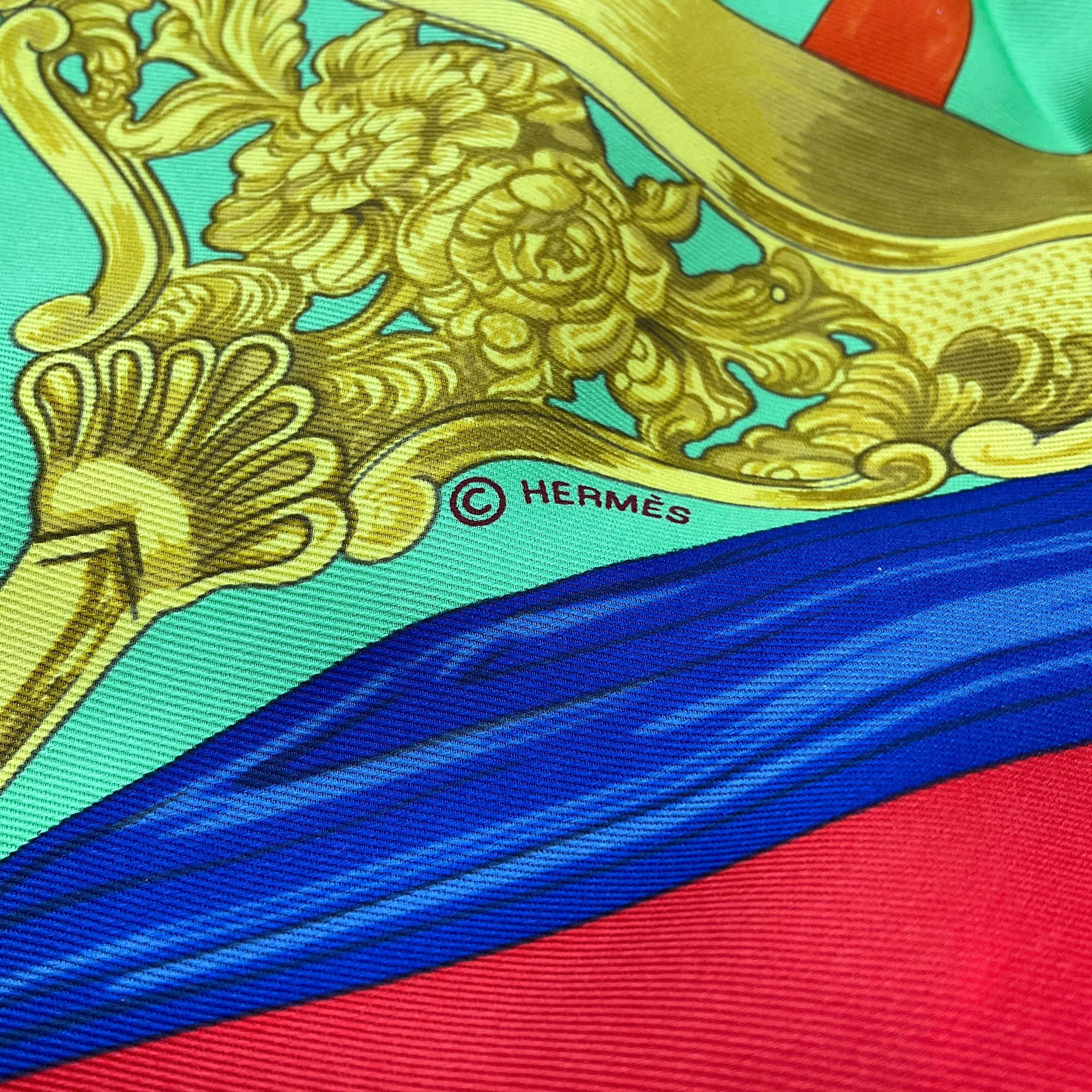 Hermes Red / Blue / Green Etriers Carre Vintage 70 Square Silk Twill Scarf