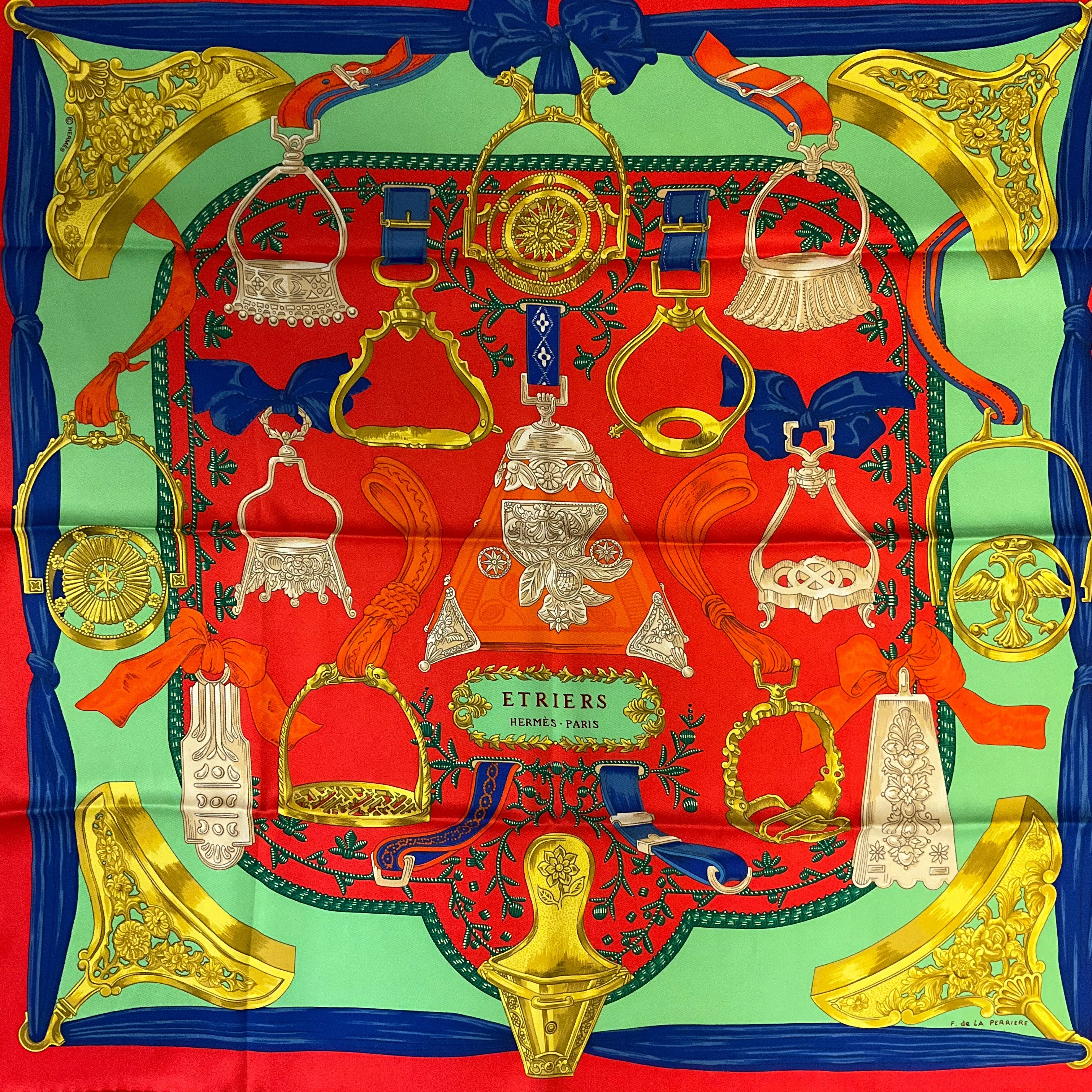 Hermes Red / Blue / Green Etriers Carre Vintage 70 Square Silk Twill Scarf