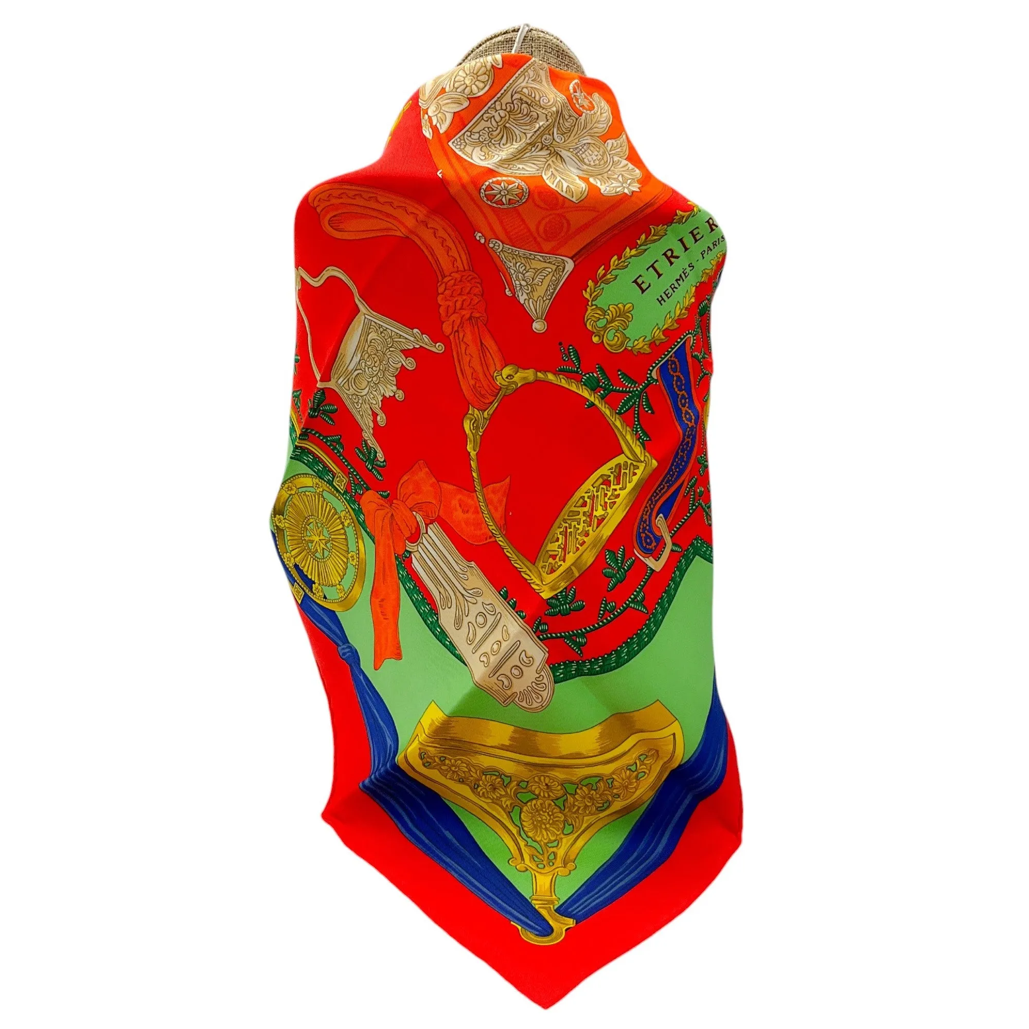 Hermes Red / Blue / Green Etriers Carre Vintage 70 Square Silk Twill Scarf