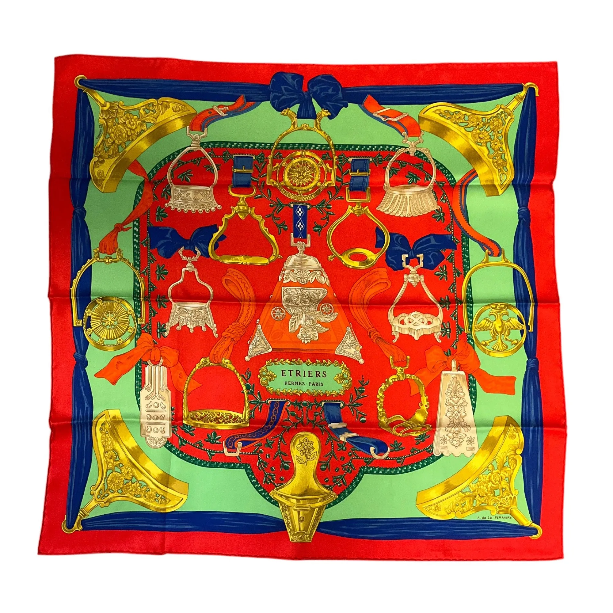 Hermes Red / Blue / Green Etriers Carre Vintage 70 Square Silk Twill Scarf