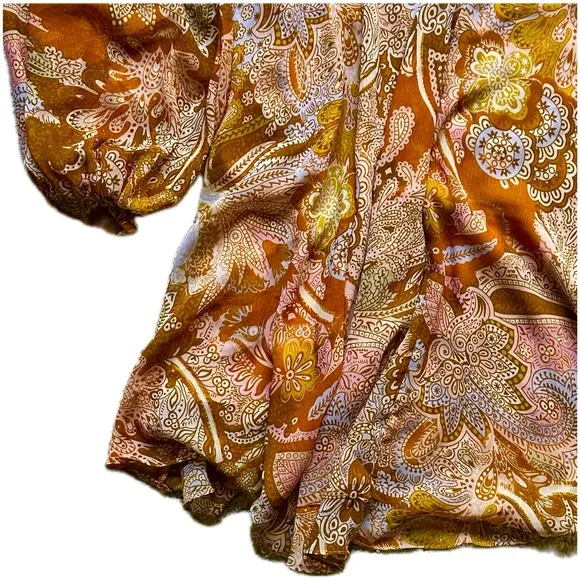 House of Harlow 1960 Paisley Boho Print Ruffle Lace Up Mini 70s Vintage Dress XS