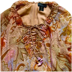 House of Harlow 1960 Paisley Boho Print Ruffle Lace Up Mini 70s Vintage Dress XS