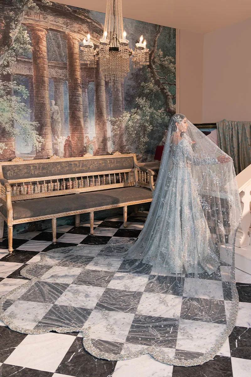 Ice Blue Pakistani Bridal Dress in Gown and Veil Style