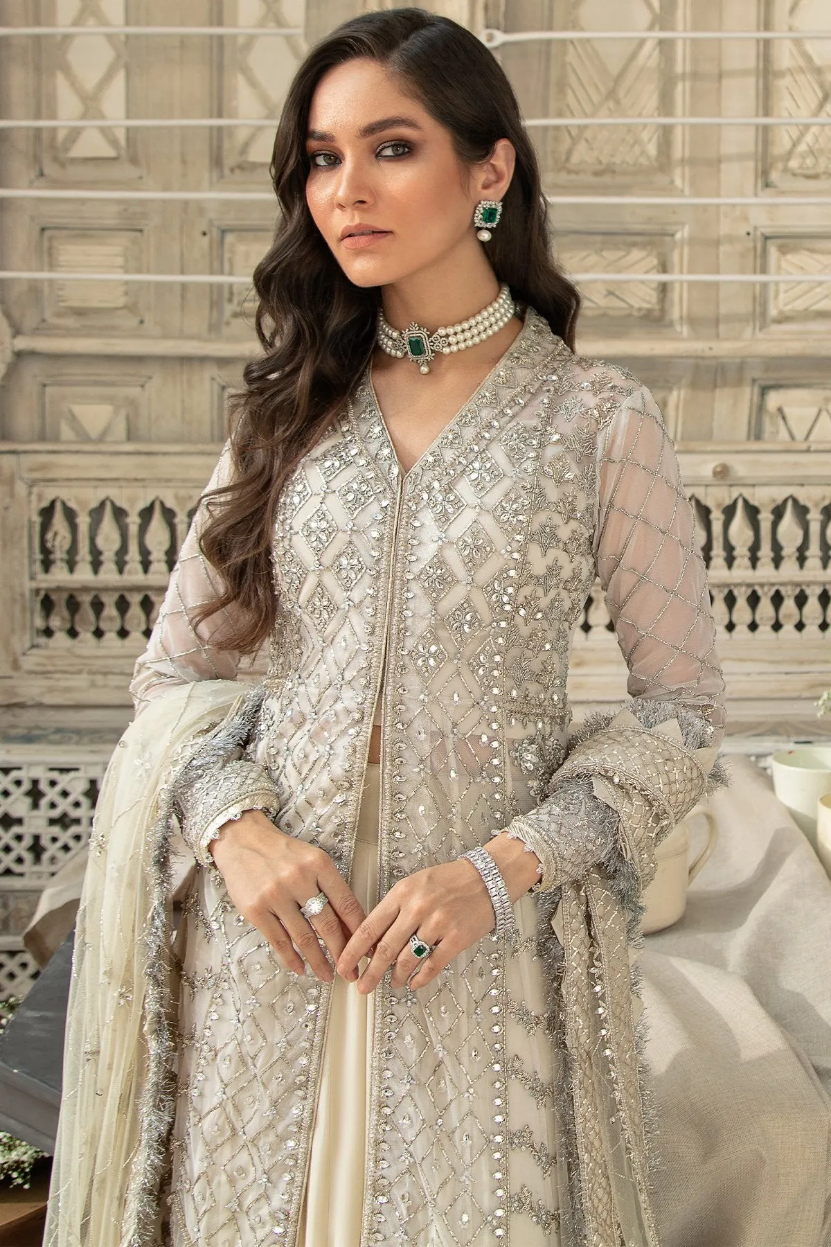 Ivory Front Open Kameez Lehenga Dupatta Dress #BS699