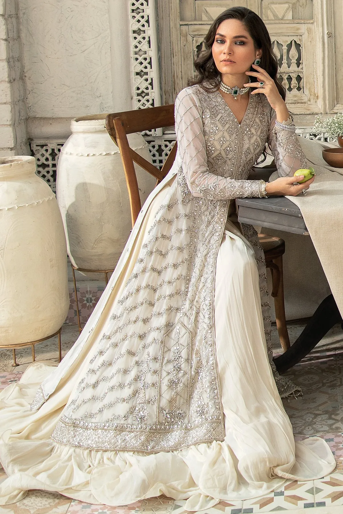 Ivory Front Open Kameez Lehenga Dupatta Dress #BS699