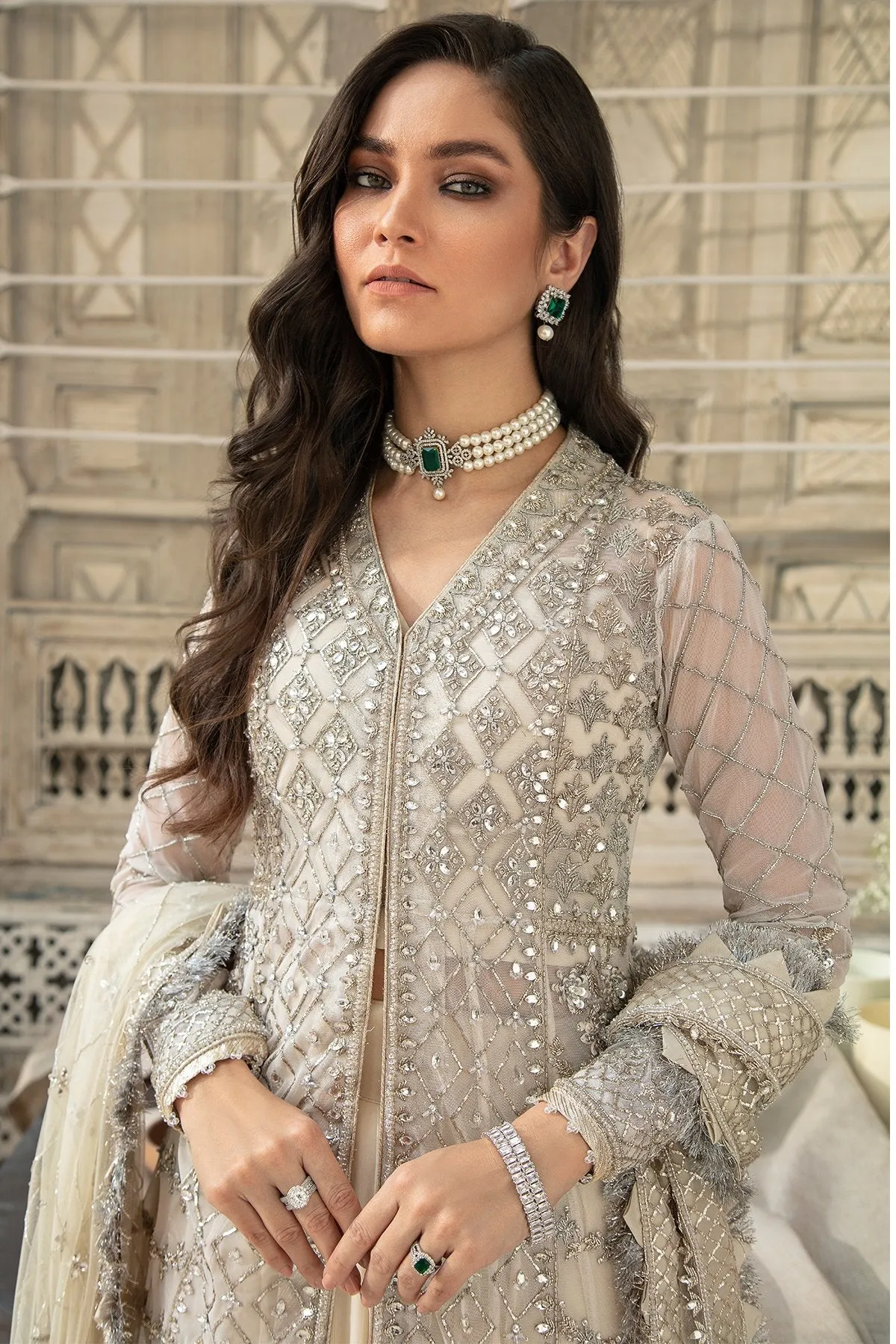 Ivory Front Open Kameez Lehenga Dupatta Dress #BS699