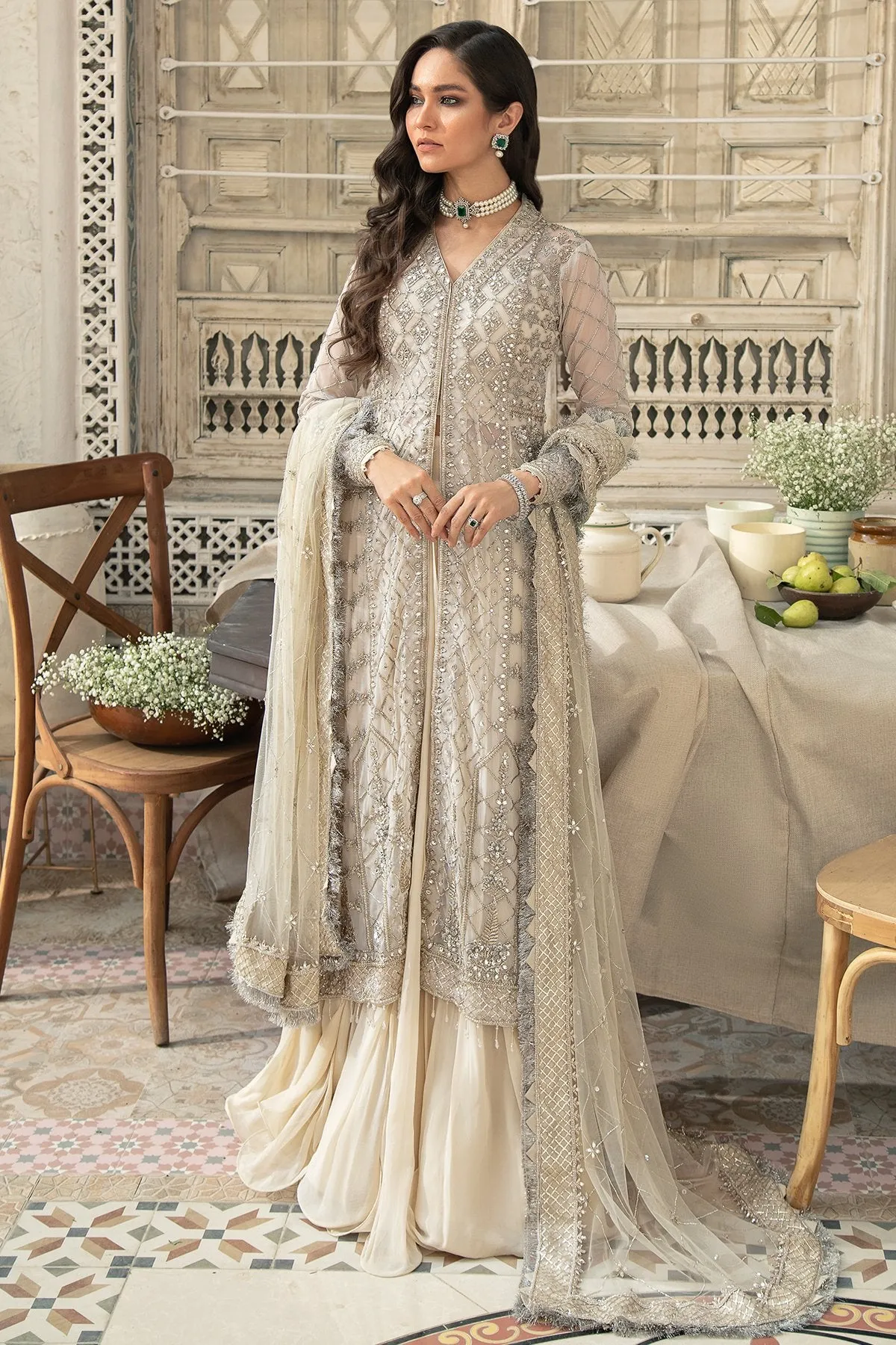 Ivory Front Open Kameez Lehenga Dupatta Dress #BS699