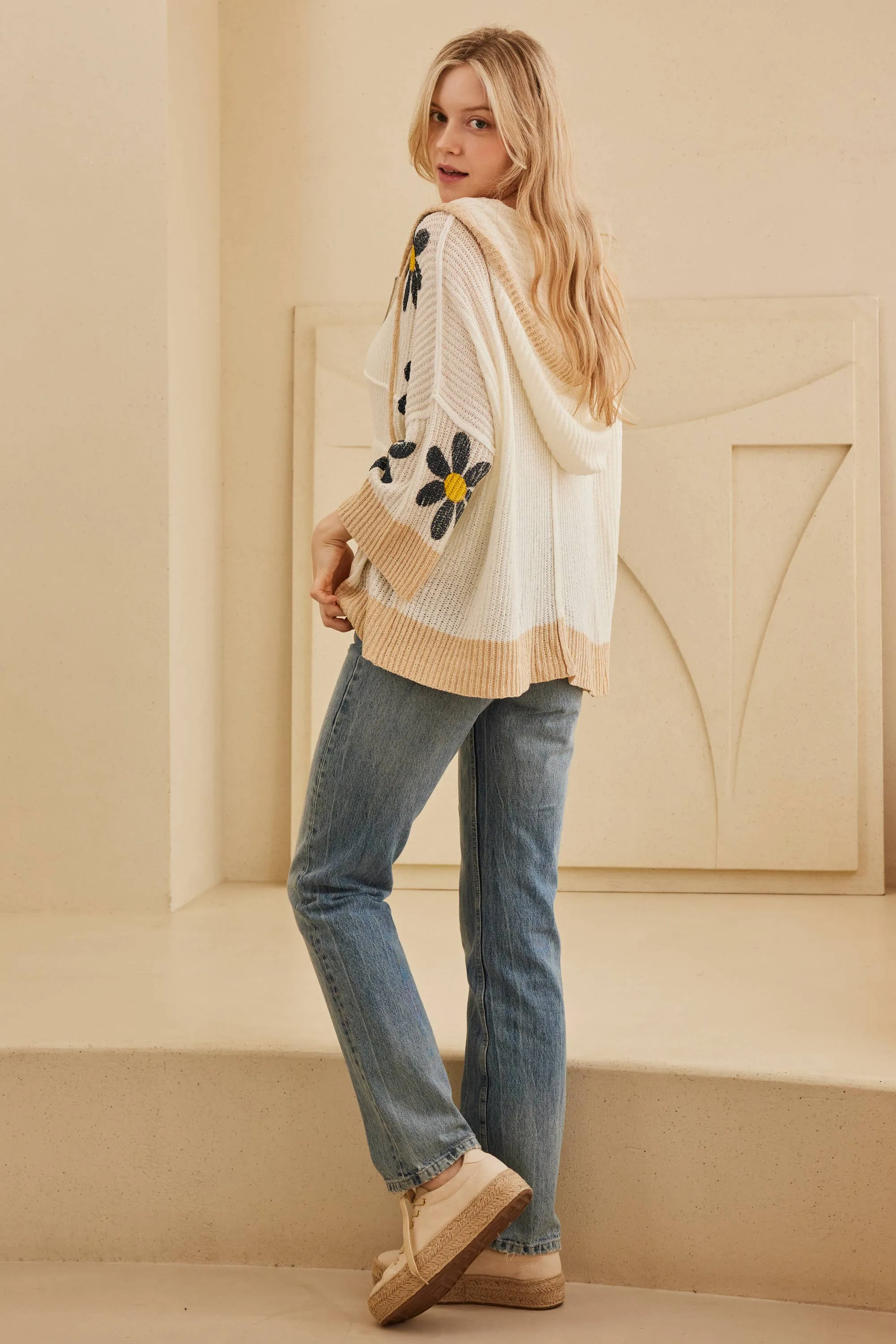 Ivory Hooded Floral Crochet Quarter Sleeve Top
