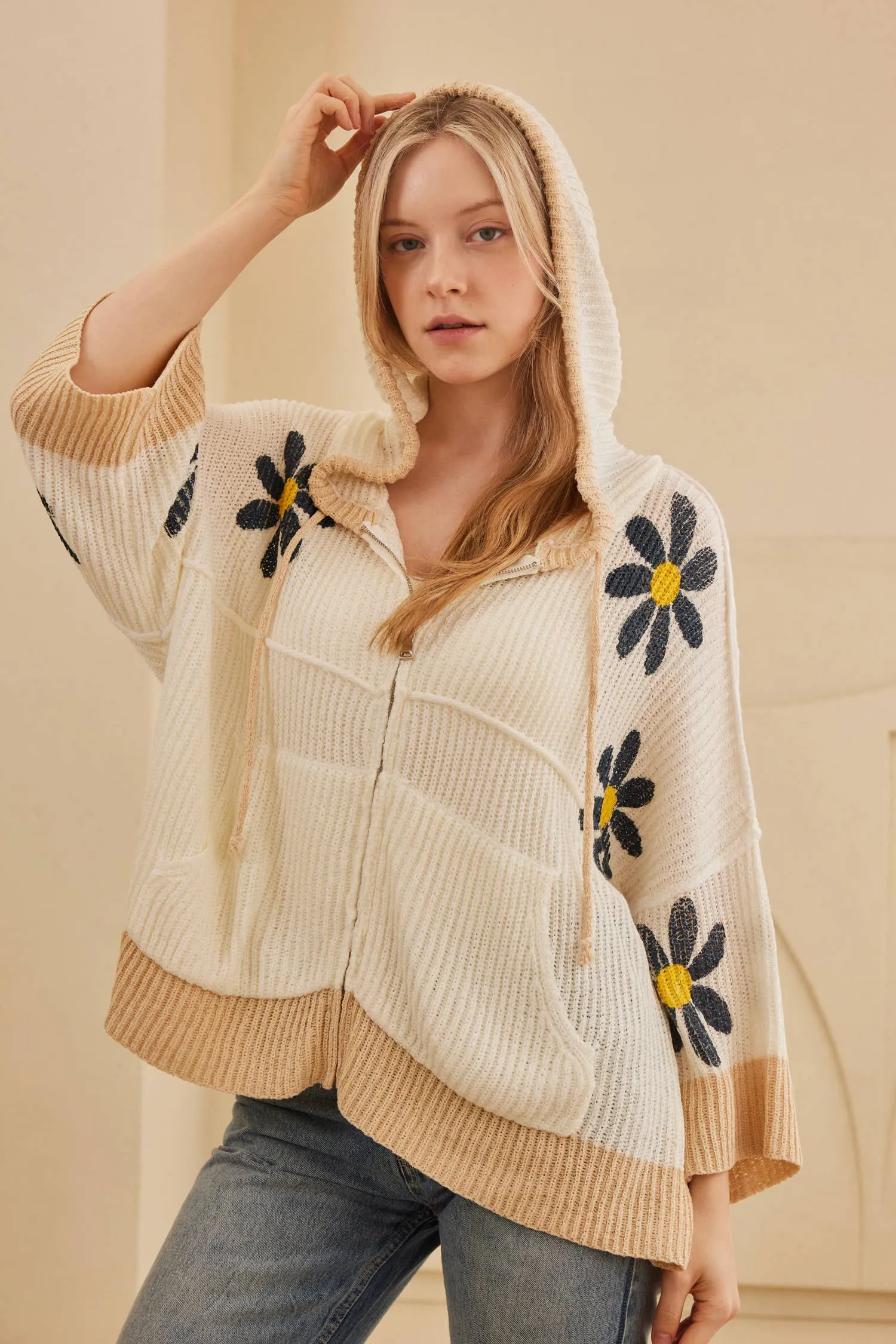 Ivory Hooded Floral Crochet Quarter Sleeve Top