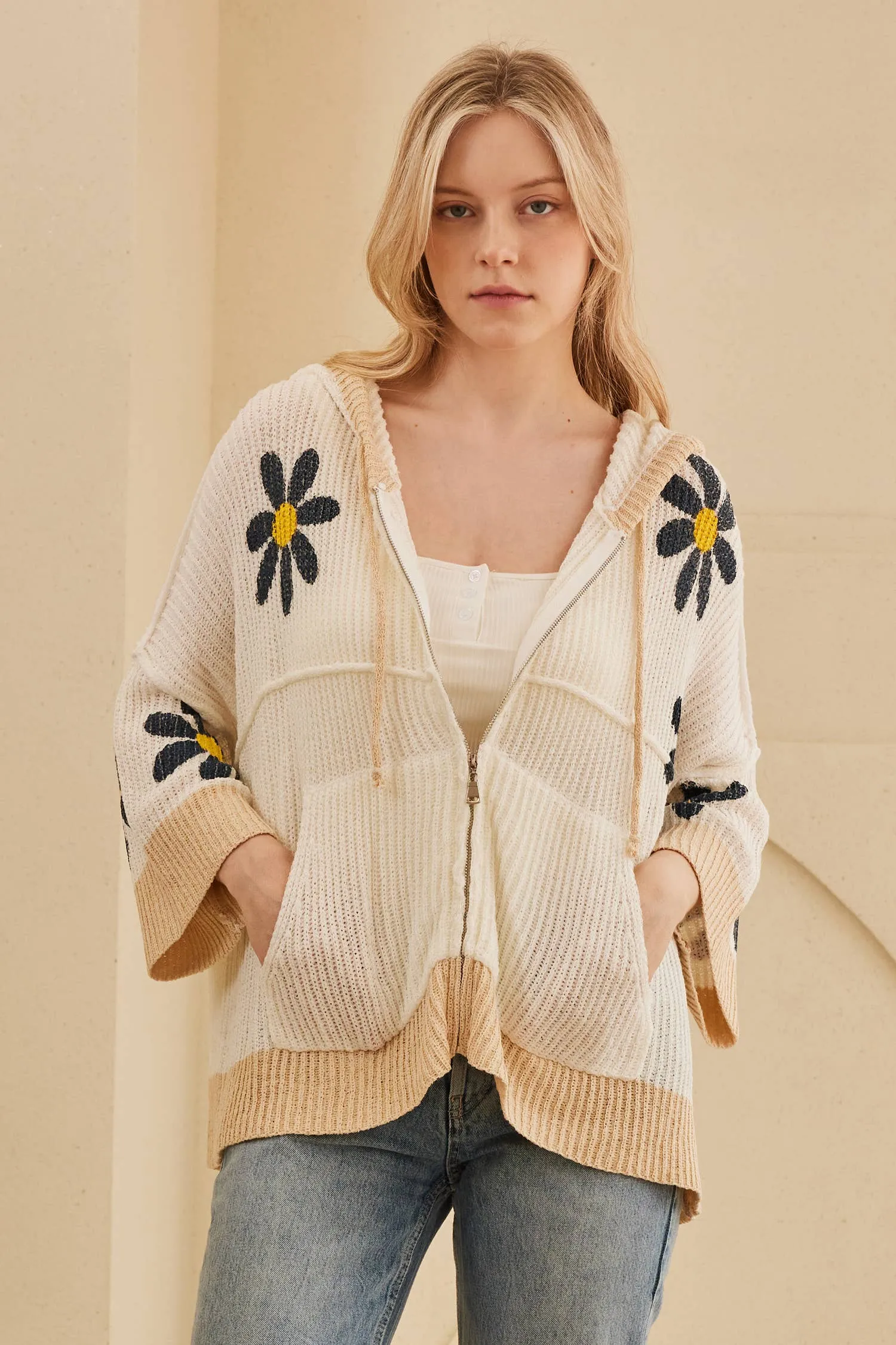 Ivory Hooded Floral Crochet Quarter Sleeve Top