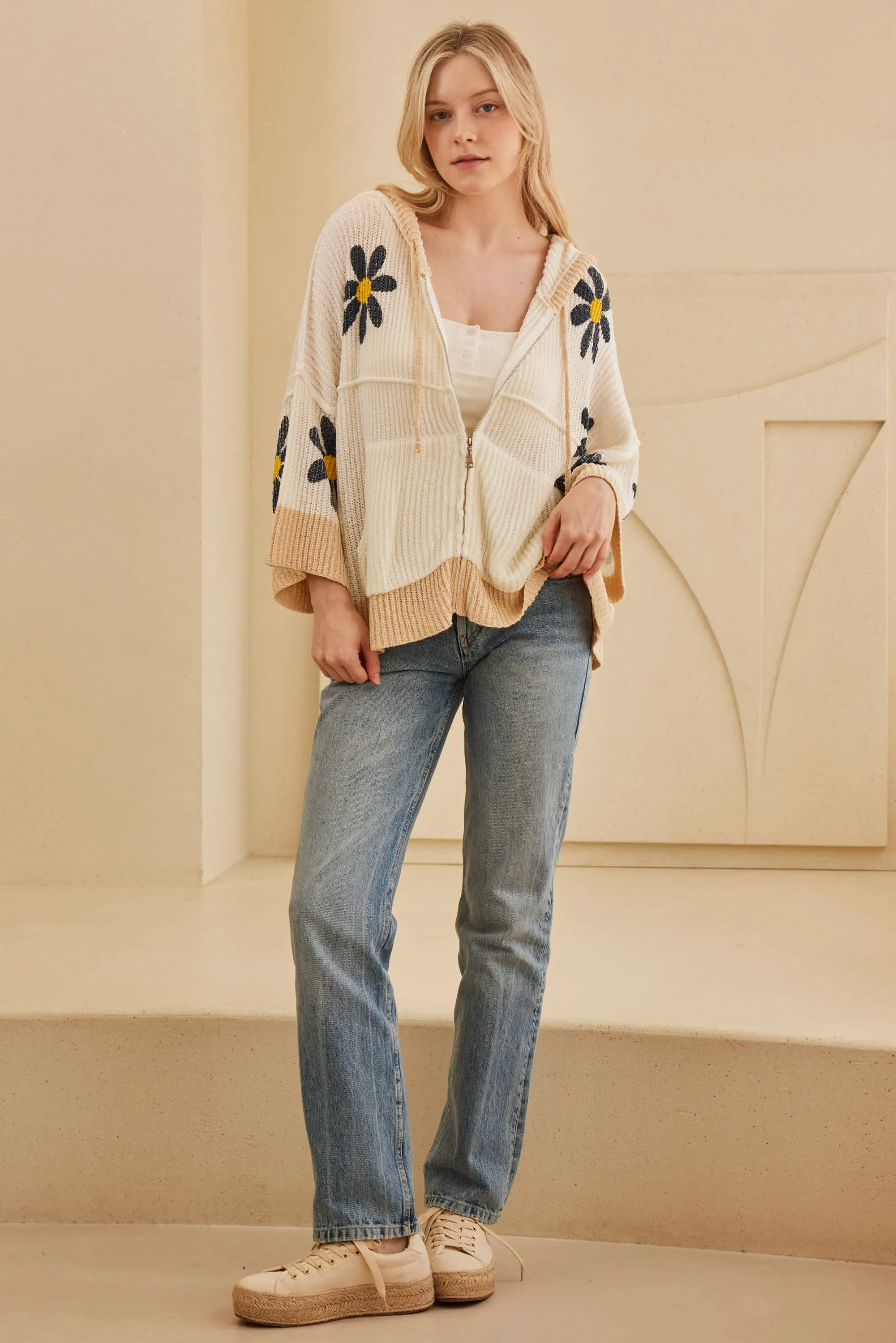 Ivory Hooded Floral Crochet Quarter Sleeve Top