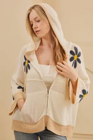 Ivory Hooded Floral Crochet Quarter Sleeve Top