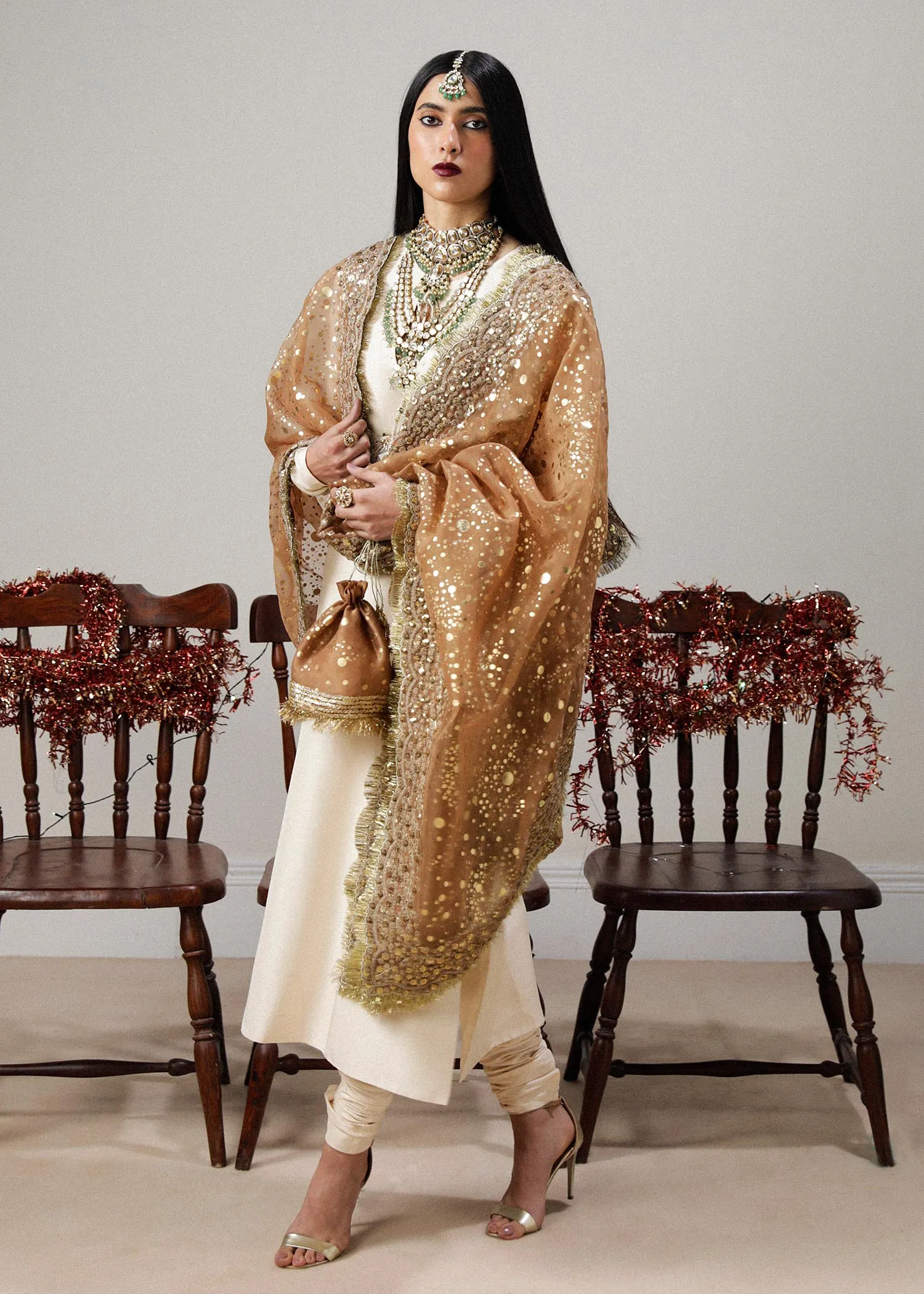 Ivory Silk Embroidered Pakistani Wedding Dress in Kameez Pajama Style