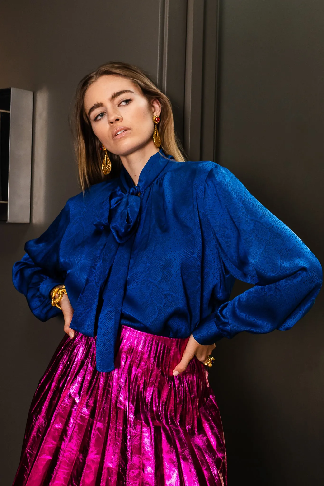 Jacquard Snake Silk Bow Blouse