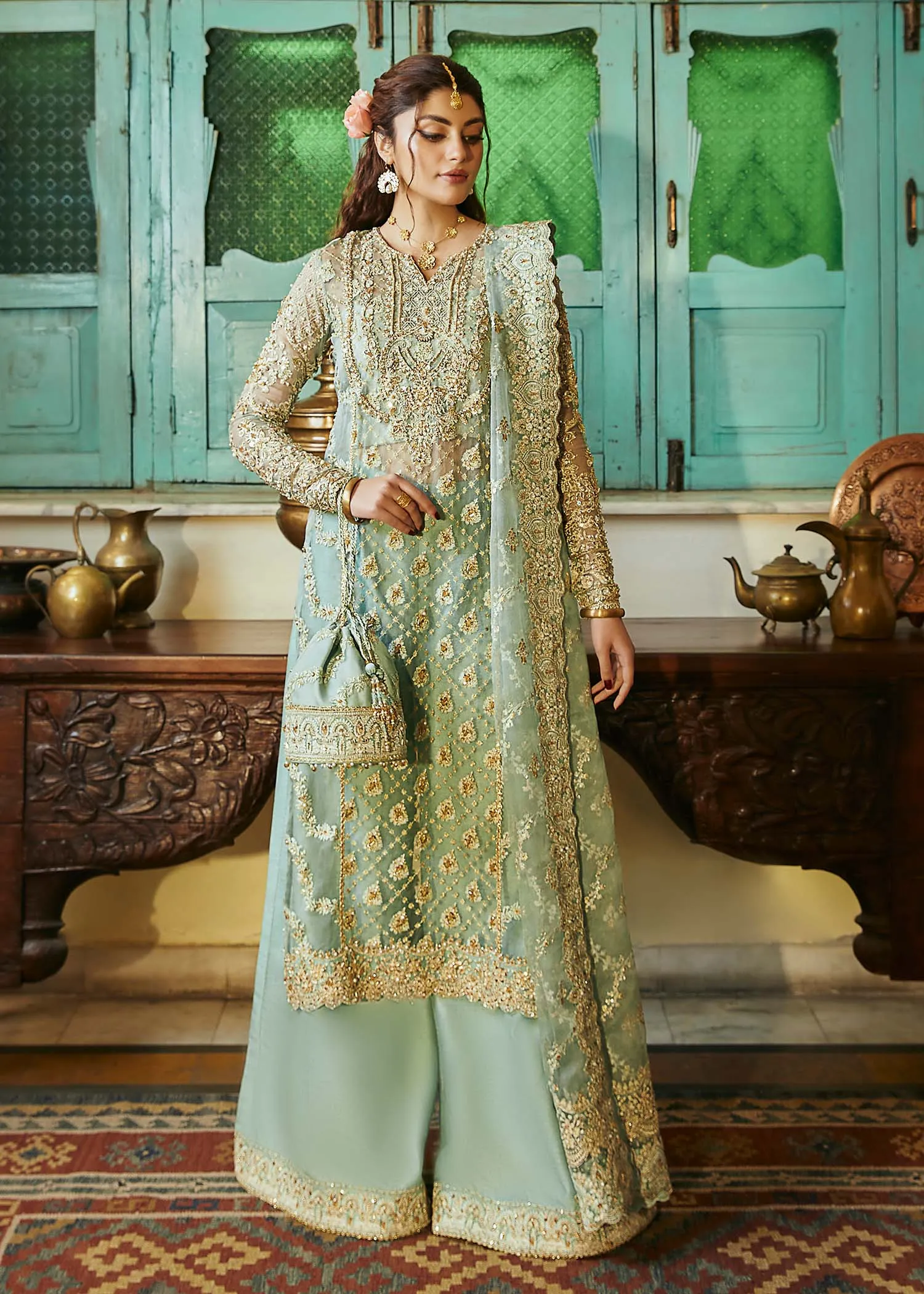 Kameez Trouser Style Sea Green Pakistani Wedding Dress