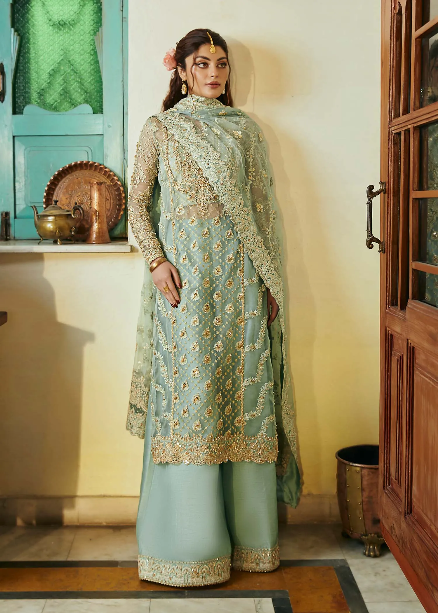 Kameez Trouser Style Sea Green Pakistani Wedding Dress