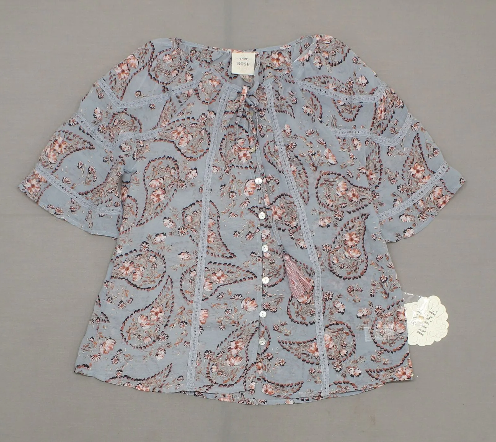 Knox Rose Women's Floral Print Paisley Button Front Tie Neck Top Blouse
