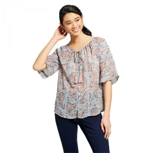 Knox Rose Women's Floral Print Paisley Button Front Tie Neck Top Blouse