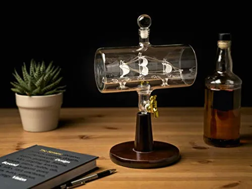 Large 40 Oz 'Magellan' Whiskey Dispenser/w Ship inside, Wooden Stand, Bar Funnel