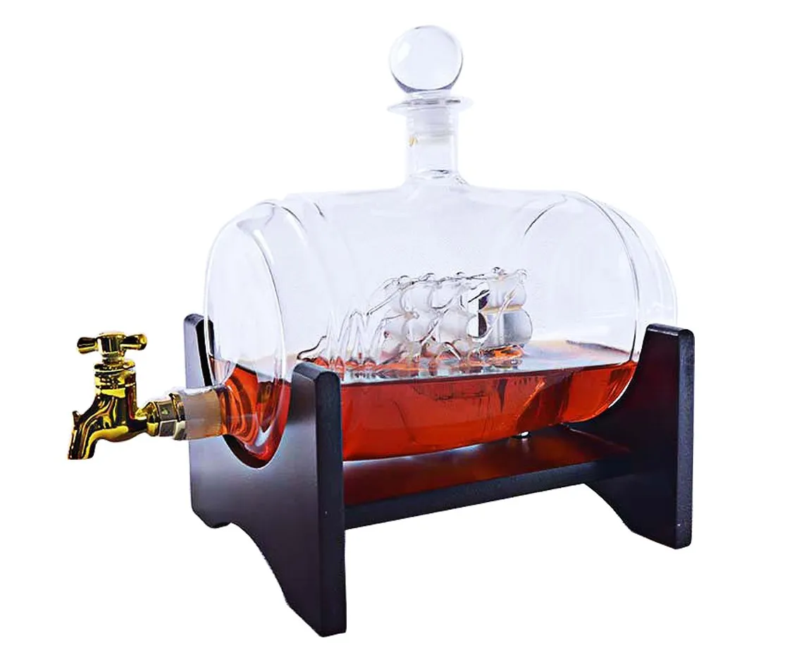 Large 50 Oz 'Barrel' Handmade Whisky Dispenser Liquor Etched Decanter Mega Set