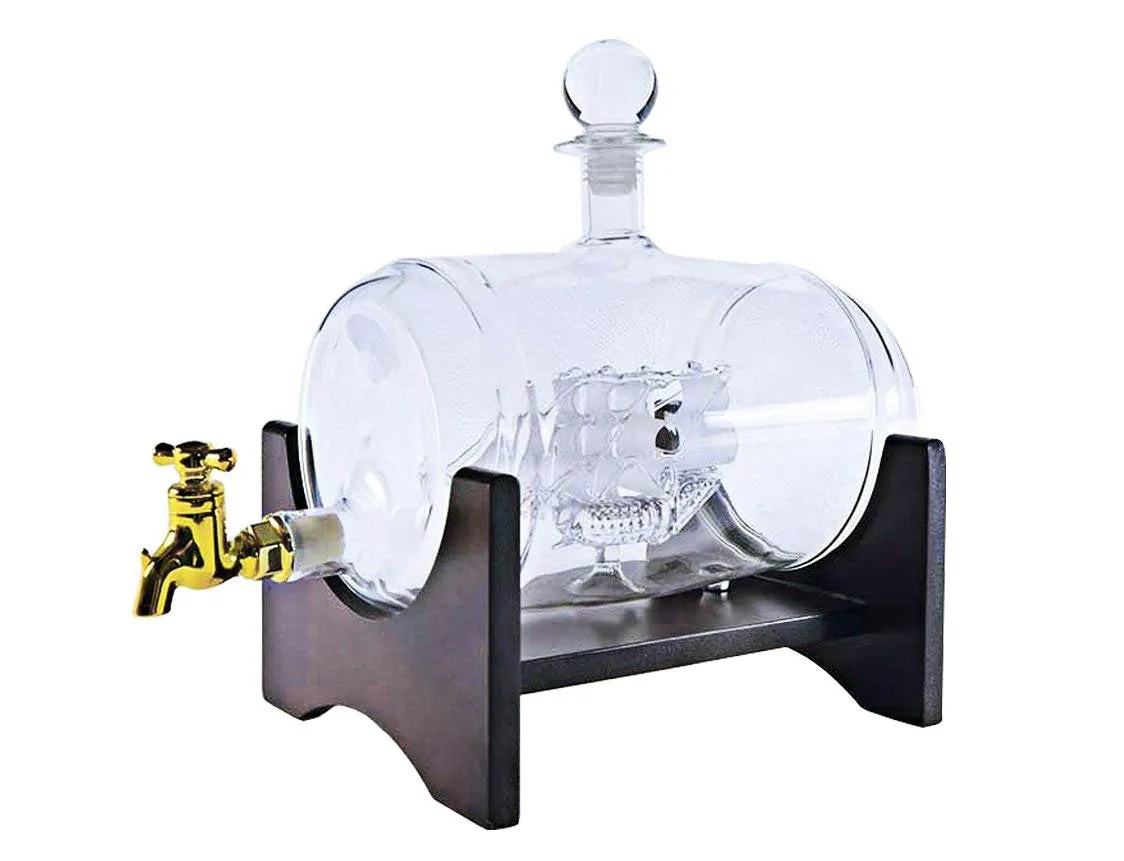Large 50 Oz 'Barrel' Handmade Whisky Dispenser Liquor Etched Decanter Mega Set