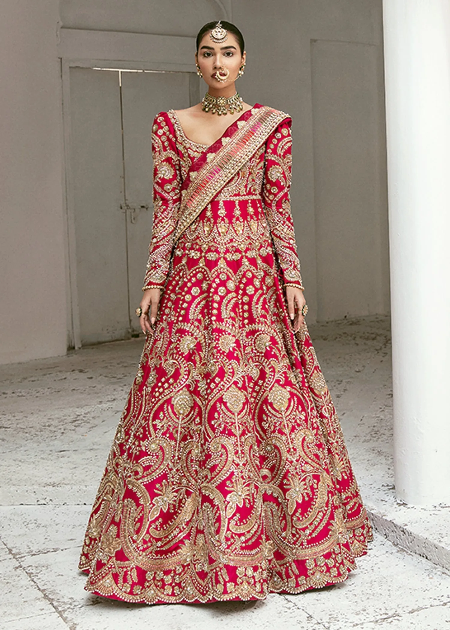 Latest Pakistani Red Bridal Dress in Gown Style #BS787